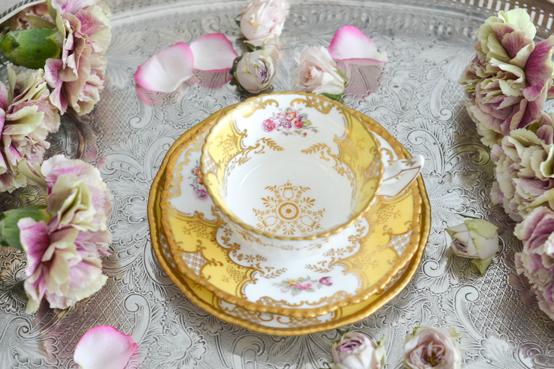 コールポートの人気シリーズ、バットウィングシリーズ。レアカラーのイエローカラーのトリオです。イエローのバットウィングは、鮮やかなイエローカラーが美しく、とても華やかな印象です。最近はバットウィングシリーズは探すことがより困難になっております。残念ながらカップにヒビが入っている為に観賞用となっております。(水漏れしたり、カップ自体が割れてしまう可能性があるため、カップに紅茶などを入れることは難しいです)ソーサーとサイドプレートはとても良い状態です。カップにヒビはあるものの観賞用としては大変美しく、貴重なお品です。ぜひコレクションとしてこのカップをお楽しみください。