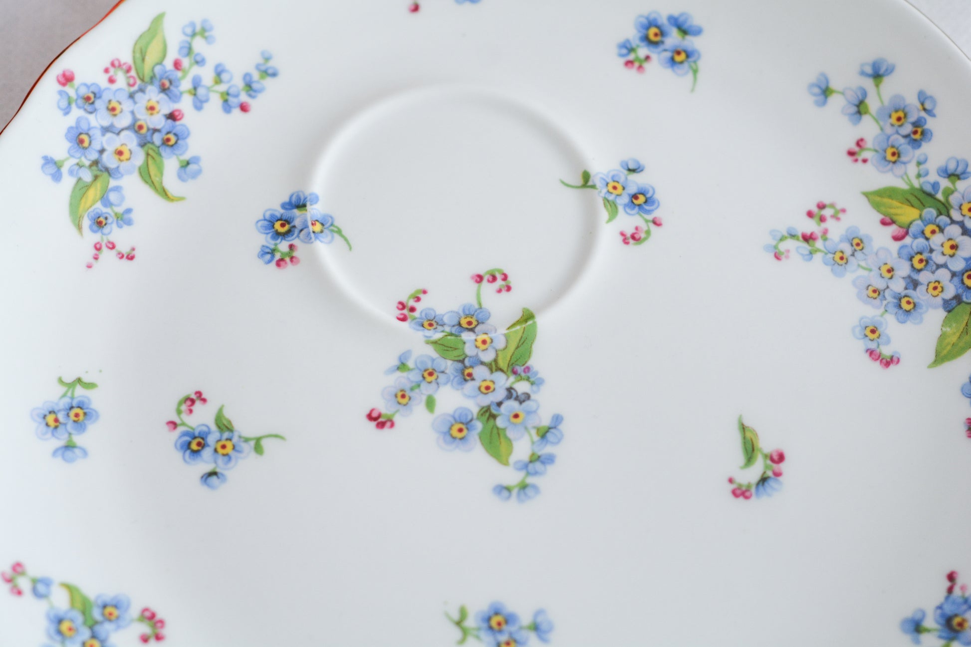 タスカンの勿忘草が大変可愛らしいテニスセットです。勿忘草がモチーフのヴィンテージ食器は色々なメーカーで作られています。このタスカンのトリオの勿忘草はとても優しい雰囲気ですね。テニスセットはソーサーがプレートと一体化している形のセットで、20世紀初め頃からスポーツ観戦時にビスケットなどのお菓子と紅茶を楽しむために作られました。主にテニスを観戦する際に重宝されたので、テニスセットと呼ばれるようになりました。気軽に紅茶とお菓子を楽しめる便利なセットです。