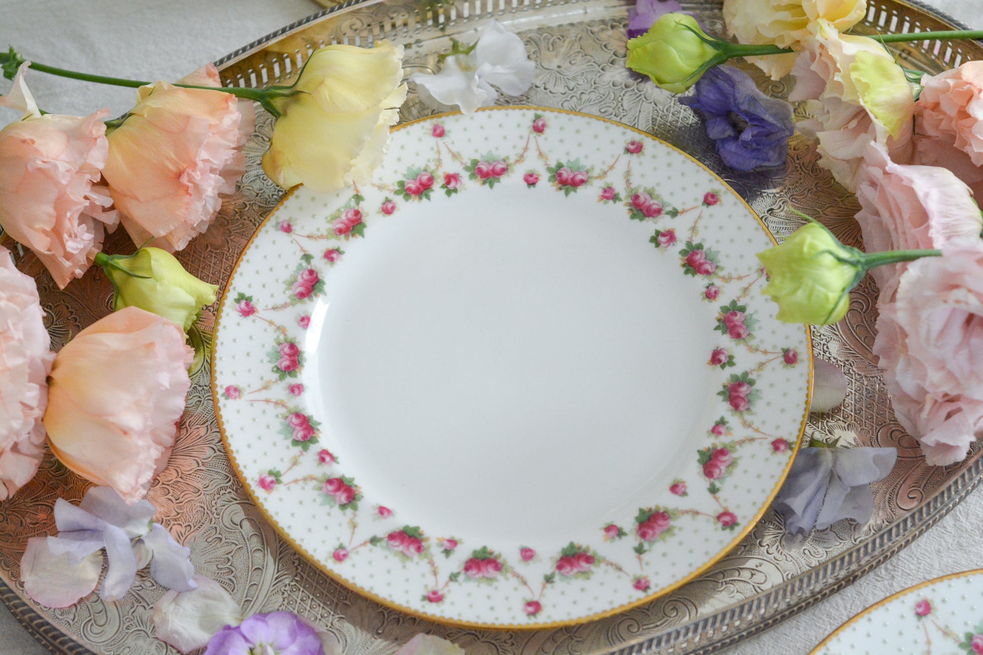 ロイヤルドルトンのとっても可愛らしいプレートが入荷しました。アメリカの小売店の特注品でバラのガーランドにエナメルジュールのドットが素敵なデザインです。このプレートが1枚あれば、ロマンティックなテーブルコーディネートができそうです。ティータイムに、デザートタイムにぜひどうぞ。こちらは1枚の価格です。状態によって価格が変わります。コンディションA、B、Cからお選びください。どれも大きなダメージはありません。