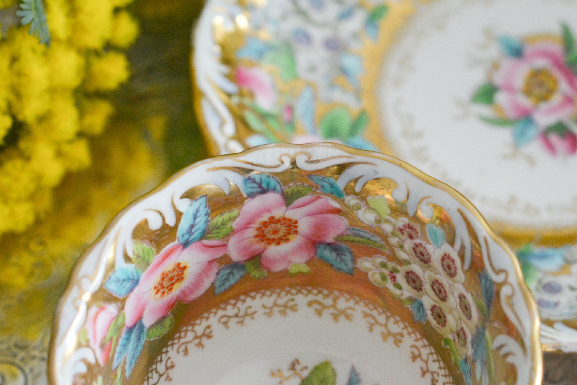 コールポートのロココリバイバル作品の人気のシェイプ、アデレードシェイプ。いろいろなデザインが作られていていますが、こちらのデザインは初めて見ました。ハンドペイントで描かれたお花は野ばらでしょうか?とても華やかなお品です。こちらは元々ティーカップとコーヒーカップ、ソーサーのセットだったと思われますが、コーヒーカップとソーサーのセットになっています。美しいお花がたくさん咲いたような美しいカップと共に春のティータイムをお楽しみください。