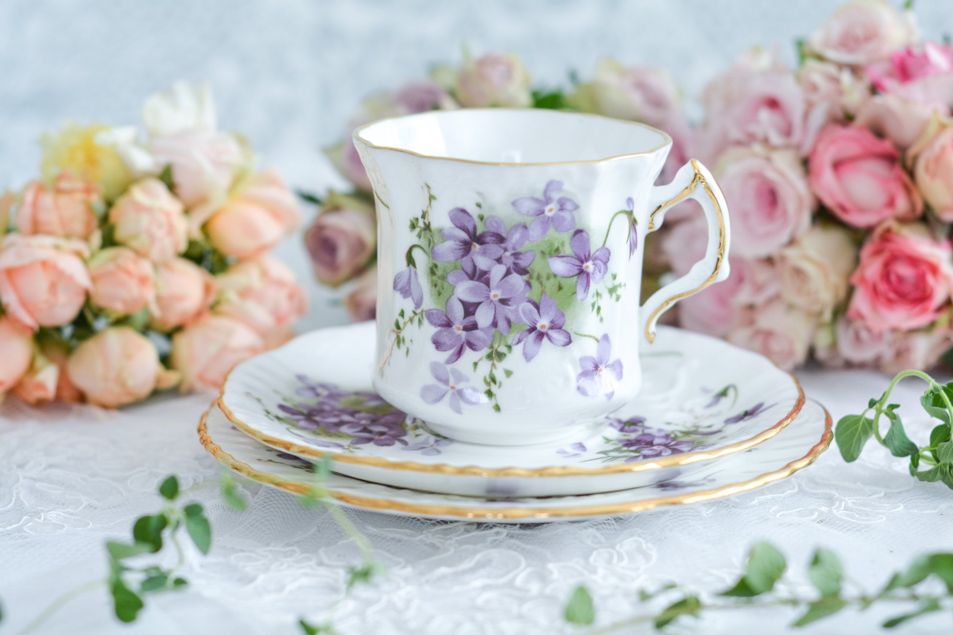 ハマースレイの人気シリーズ、ヴィクトリアンバイオレット。可憐なすみれのモチーフのティートリオです。ヴィクトリアンバイオレットシリーズは製造年代などで絵柄が少しずつ異なります。こちらは可愛らしい絵柄はもちろん、エンボス模様があり特に優雅なお品です。テーブルがパッと明るく可愛らしくなりますね。