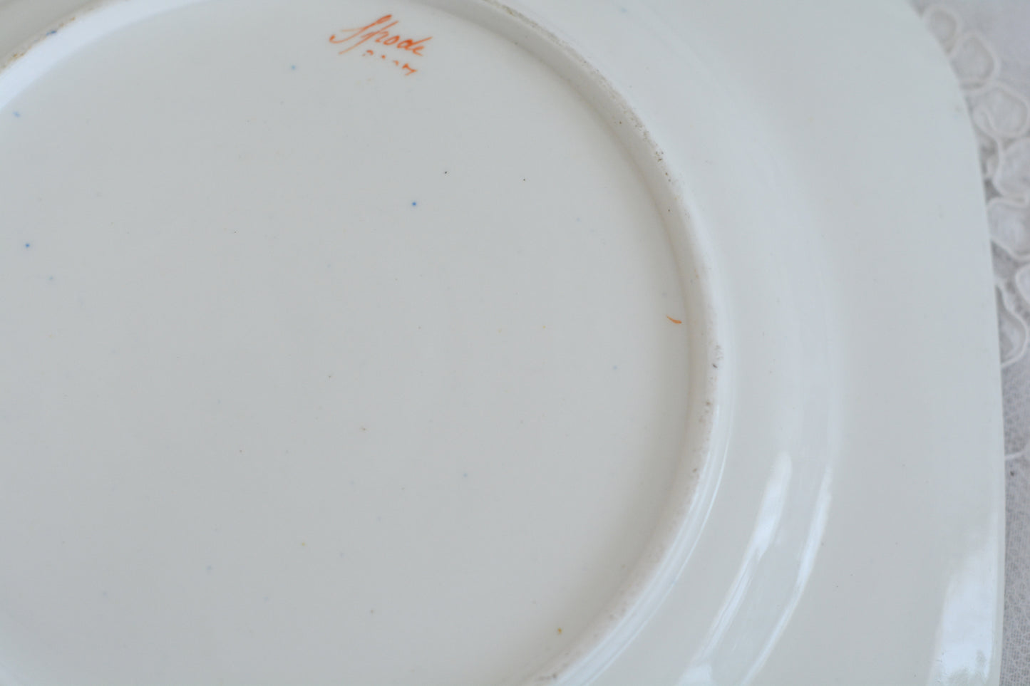 スポードのコバルトブルー地に豪華な金彩模様と手描きで描かれたブーケの模様が美しいプレートです。ちょっと珍しい形をしています。縁の縁飾りのような模様もとても素敵ですね。裏面にはバックスタンプではなく手描きでSpodeと記されています。とても豪華なプレートでキャビネットプレートとして飾ってもとても素敵だなと思います。