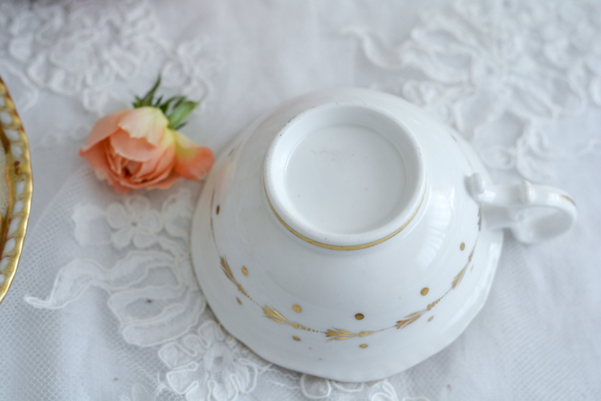 H&Rダニエルは1822年から1846年までという短い期間しか製造していないのですが、とても素晴らしい磁器を作っていたメーカです。数が少なく、作品も素晴らしいとあって世界中にコレクションしている方々がいます。ガドルーンとは縁飾りの模様のことで、こちらはカップの内側についていてセカンドガドルーンと呼ばれています。(外側についているものはファーストガドルーン。)H&Rダニエルの作品はハンドペイント絵付けも大変素晴らしいです。芸術的なカップとなっております。