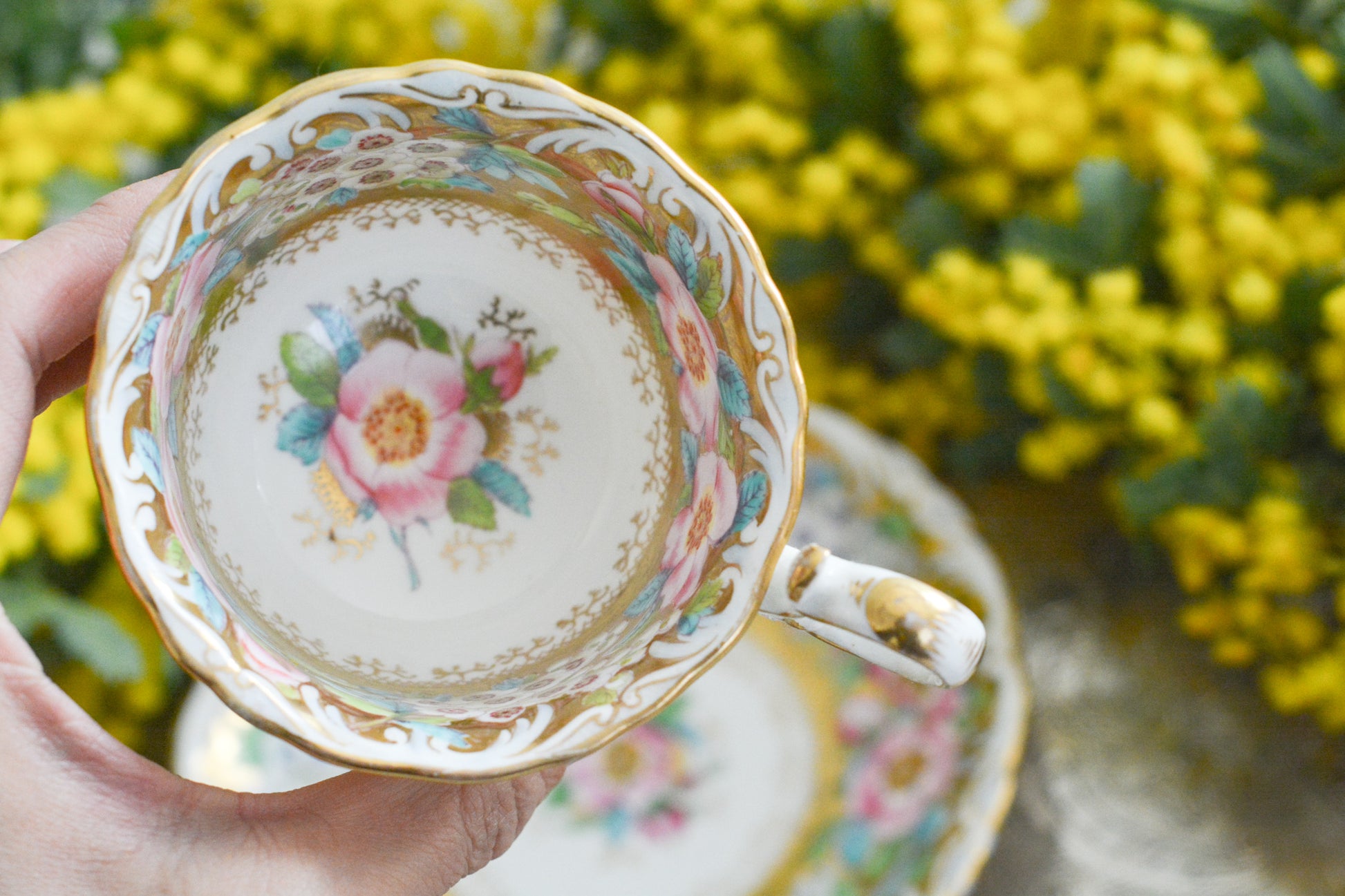 コールポートのロココリバイバル作品の人気のシェイプ、アデレードシェイプ。いろいろなデザインが作られていていますが、こちらのデザインは初めて見ました。ハンドペイントで描かれたお花は野ばらでしょうか?とても華やかなお品です。こちらは元々ティーカップとコーヒーカップ、ソーサーのセットだったと思われますが、コーヒーカップとソーサーのセットになっています。美しいお花がたくさん咲いたような美しいカップと共に春のティータイムをお楽しみください。