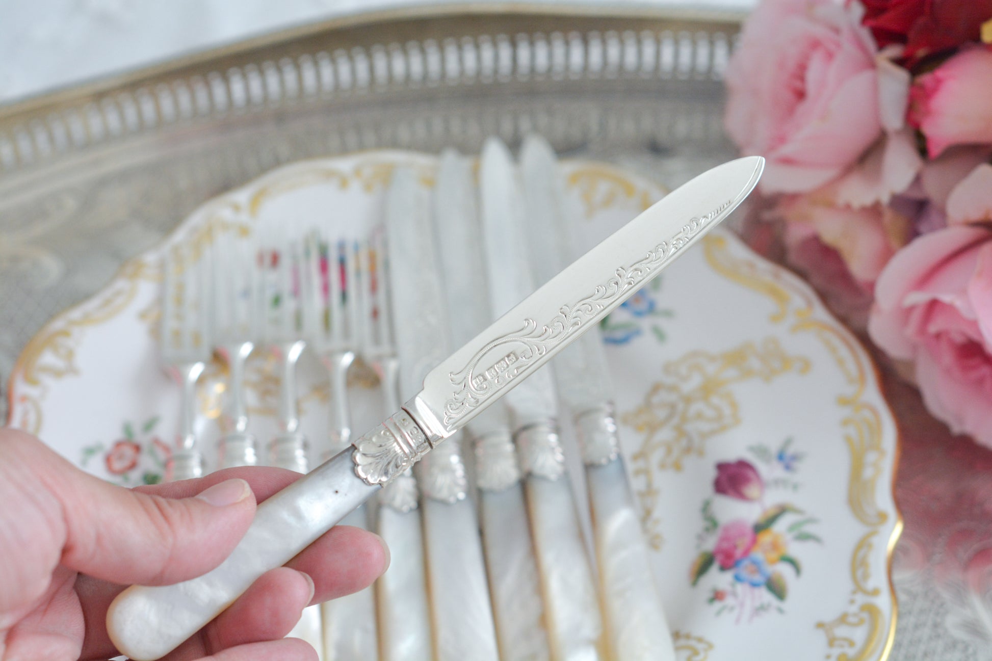 美しい純銀と白蝶貝ハンドルのデザートカトラリー。上品なデザインで純銀のブレードはキラキラと輝き、白蝶貝ハンドルは優しく輝きます。純銀&白蝶貝ハンドルのカトラリーは、やはり特別感がありますね。ティータイムを特別な時間にしてくれるカトラリーです。大きすぎないサイズ感も女性に嬉しいですね。素敵な時間をどうぞお楽しみください。