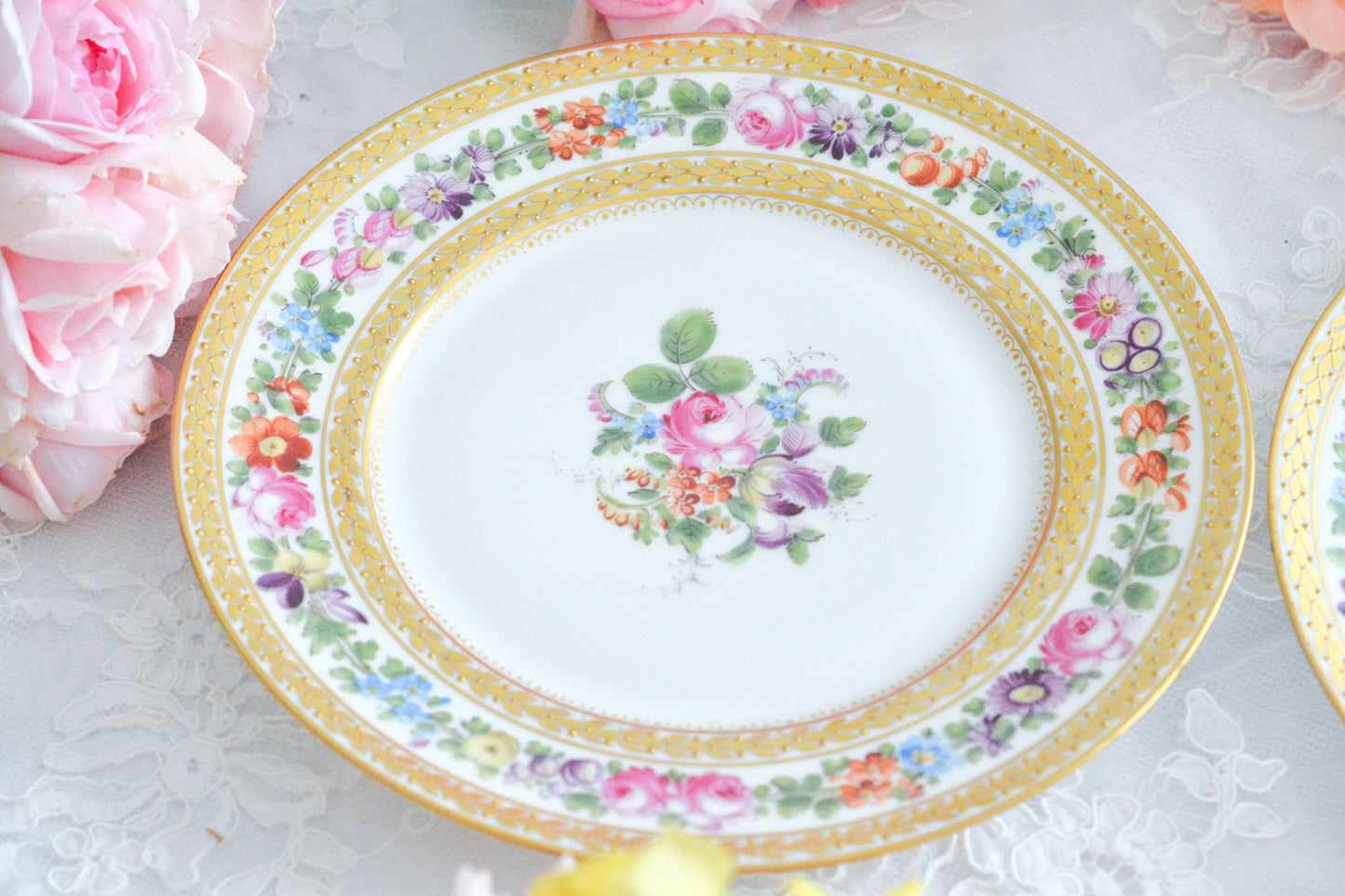 こちらのプレート達はドレスデンの工房で作られてはいますが、カール・ティーメ工房の作品ではありません。特に美しいので特集コーナーに入れさせていただきました。ハンドペイントで描かれた美しい花々に金彩の葉っぱの模様のような縁取りが豪華なお品。金盛りのドットがより花を添えています。キャビネットプレートとしても実際にお使いいただいても素敵なお品です。バックスタンプは1883年〜1893年頃に使われていた王冠マークで、いくつかの工房が集まって使用していました。バックスタンの上には金彩でお花が描かれています。
