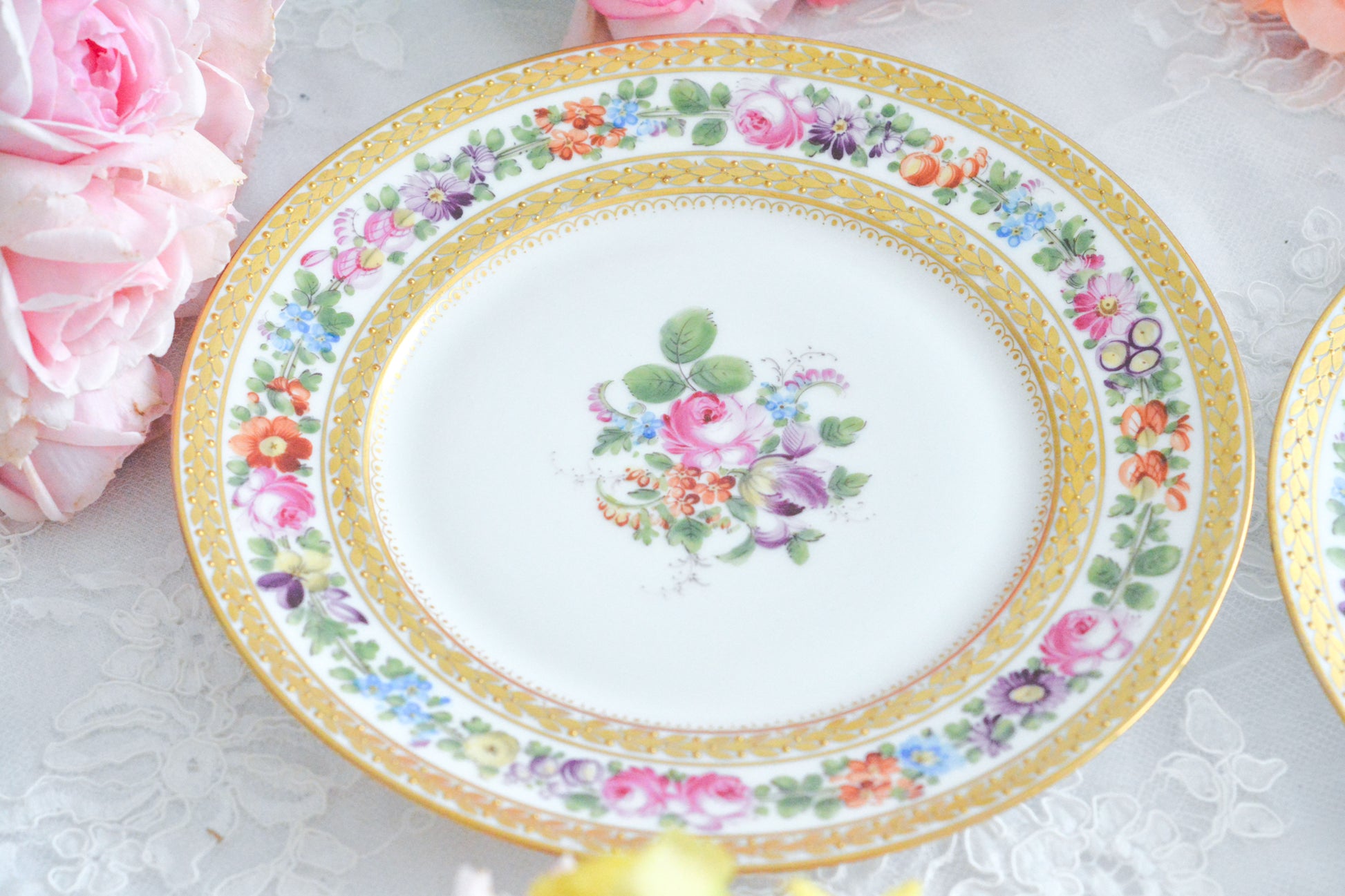 こちらのプレート達はドレスデンの工房で作られてはいますが、カール・ティーメ工房の作品ではありません。特に美しいので特集コーナーに入れさせていただきました。ハンドペイントで描かれた美しい花々に金彩の葉っぱの模様のような縁取りが豪華なお品。金盛りのドットがより花を添えています。キャビネットプレートとしても実際にお使いいただいても素敵なお品です。バックスタンプは1883年〜1893年頃に使われていた王冠マークで、いくつかの工房が集まって使用していました。バックスタンの上には金彩でお花が描かれています。