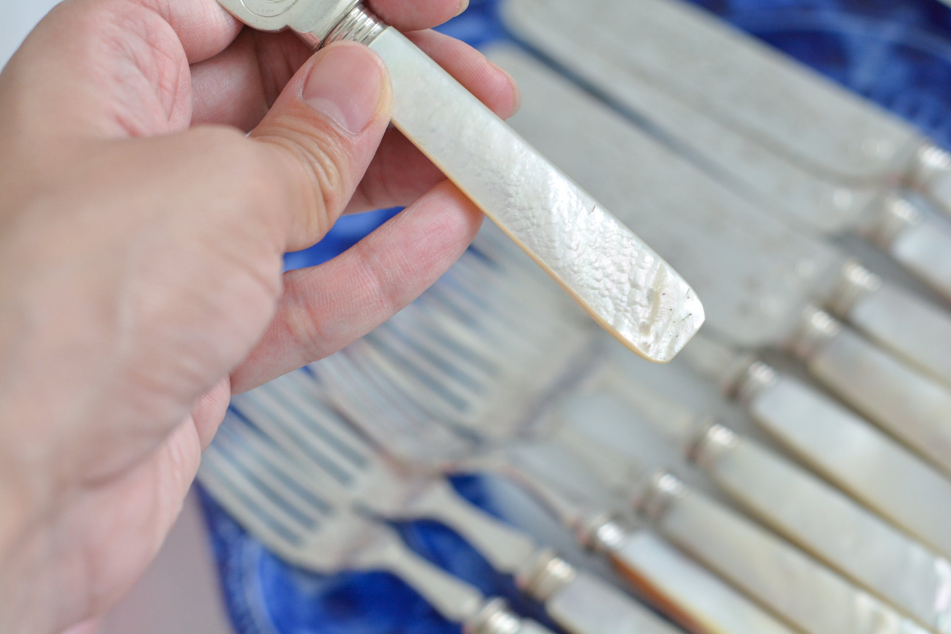 英国の人気メーカー、マッピン&ウェブの白蝶貝カトラリー。ティータイムにぴったりな丸刃のデザート(フルーツ)カトラリーです。豪華な彫刻が施されたカトラリーで、ハンドルも白蝶貝がたっぷり使われています。ハンドルは丸みがあるものが多いですが、こちらは角があるタイプでおしゃれです。白蝶貝の輝きもお楽しみいただけます。