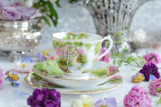 ロイヤルアルバートの「The Old Mill」。古い水車小屋と名付けられたシリーズのティートリオです。豊かな自然の中に佇む水車小屋。美しい風景が広がったトリオです。新緑の季節のティータイムにぴったりなティートリオ。ゆっくりとイギリスの風景を眺めながら素敵なティータイムはいかがですか?なかなかお目にかかれない貴重なシリーズです。