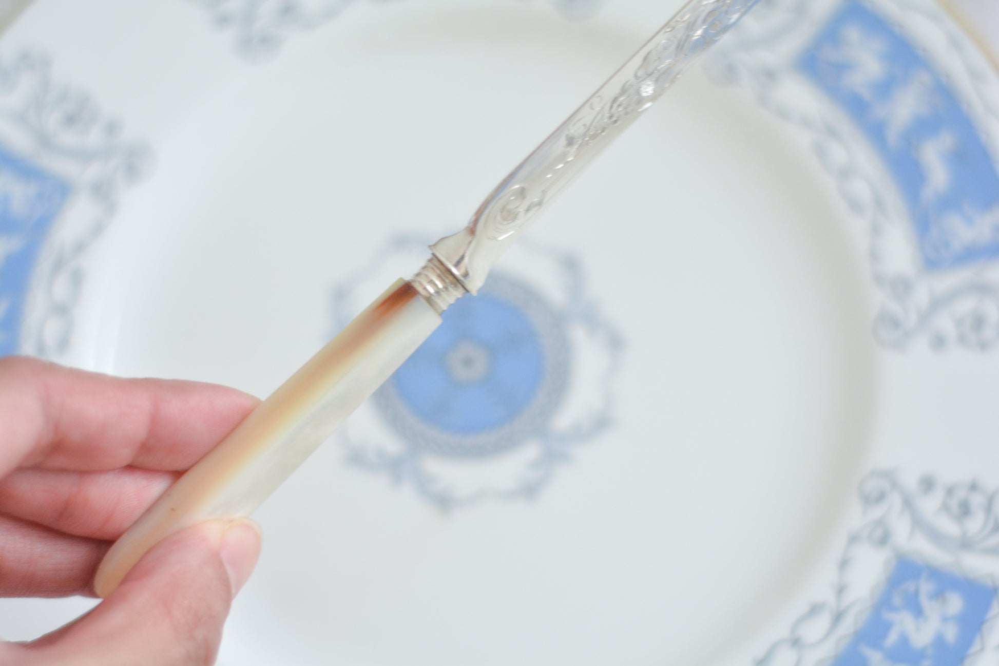 英国の人気メーカー、マッピン&ウェブの白蝶貝カトラリー。ティータイムにぴったりな丸刃のデザート(フルーツ)カトラリーです。豪華な彫刻が施されたカトラリーで、ハンドルも白蝶貝がたっぷり使われています。ハンドルは丸みがあるものが多いですが、こちらは角があるタイプでおしゃれです。白蝶貝の輝きもお楽しみいただけます。