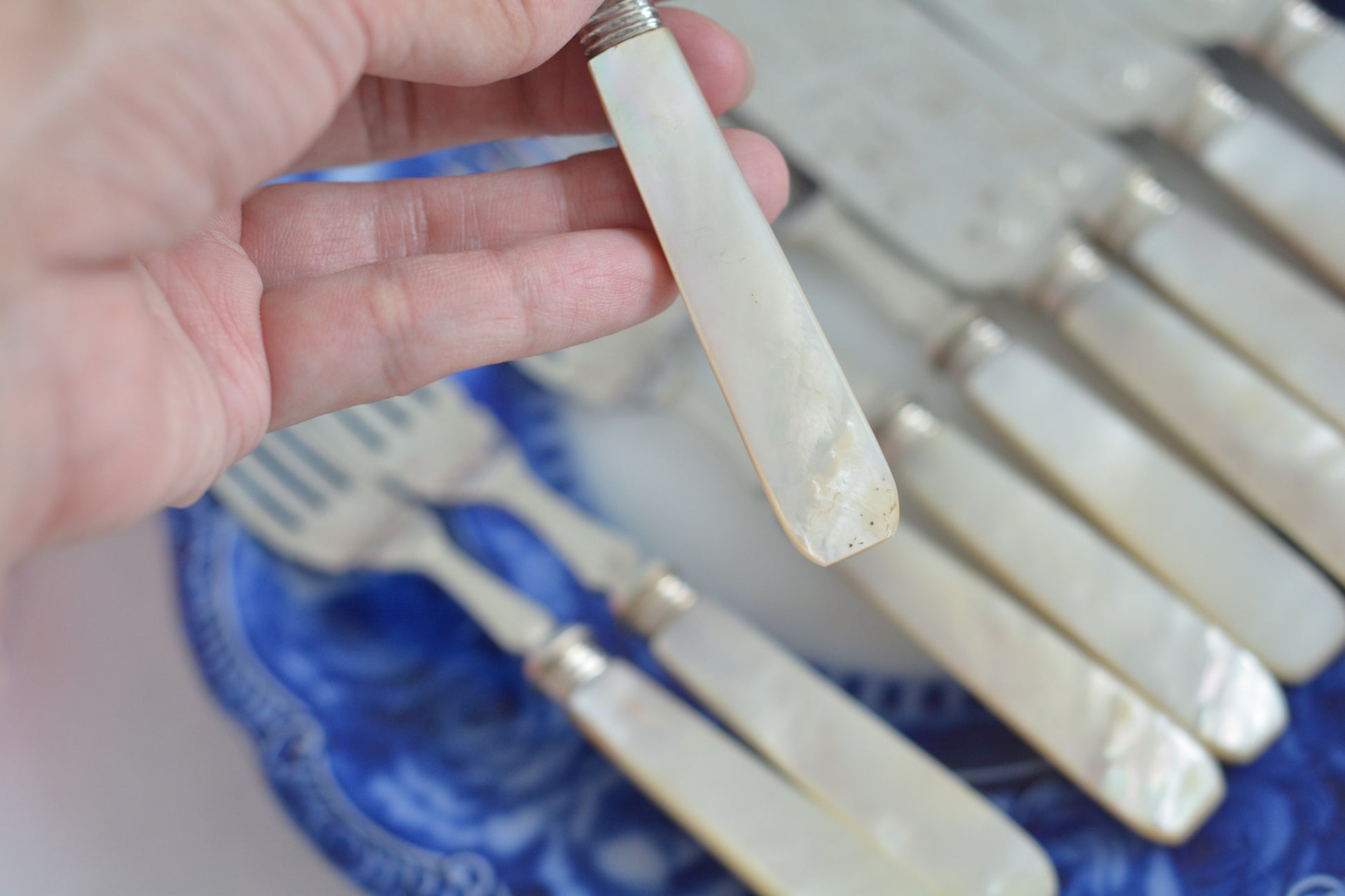 英国の人気メーカー、マッピン&ウェブの白蝶貝カトラリー。ティータイムにぴったりな丸刃のデザート(フルーツ)カトラリーです。豪華な彫刻が施されたカトラリーで、ハンドルも白蝶貝がたっぷり使われています。ハンドルは丸みがあるものが多いですが、こちらは角があるタイプでおしゃれです。白蝶貝の輝きもお楽しみいただけます。