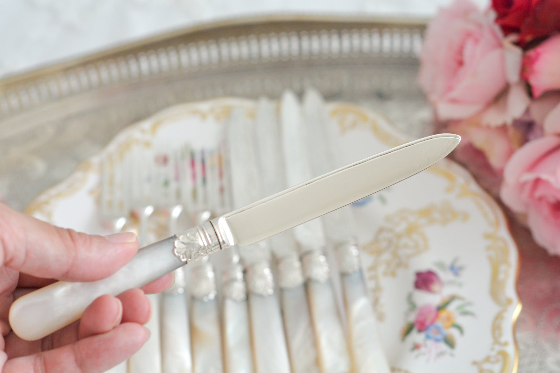 美しい純銀と白蝶貝ハンドルのデザートカトラリー。上品なデザインで純銀のブレードはキラキラと輝き、白蝶貝ハンドルは優しく輝きます。純銀&白蝶貝ハンドルのカトラリーは、やはり特別感がありますね。ティータイムを特別な時間にしてくれるカトラリーです。大きすぎないサイズ感も女性に嬉しいですね。素敵な時間をどうぞお楽しみください。