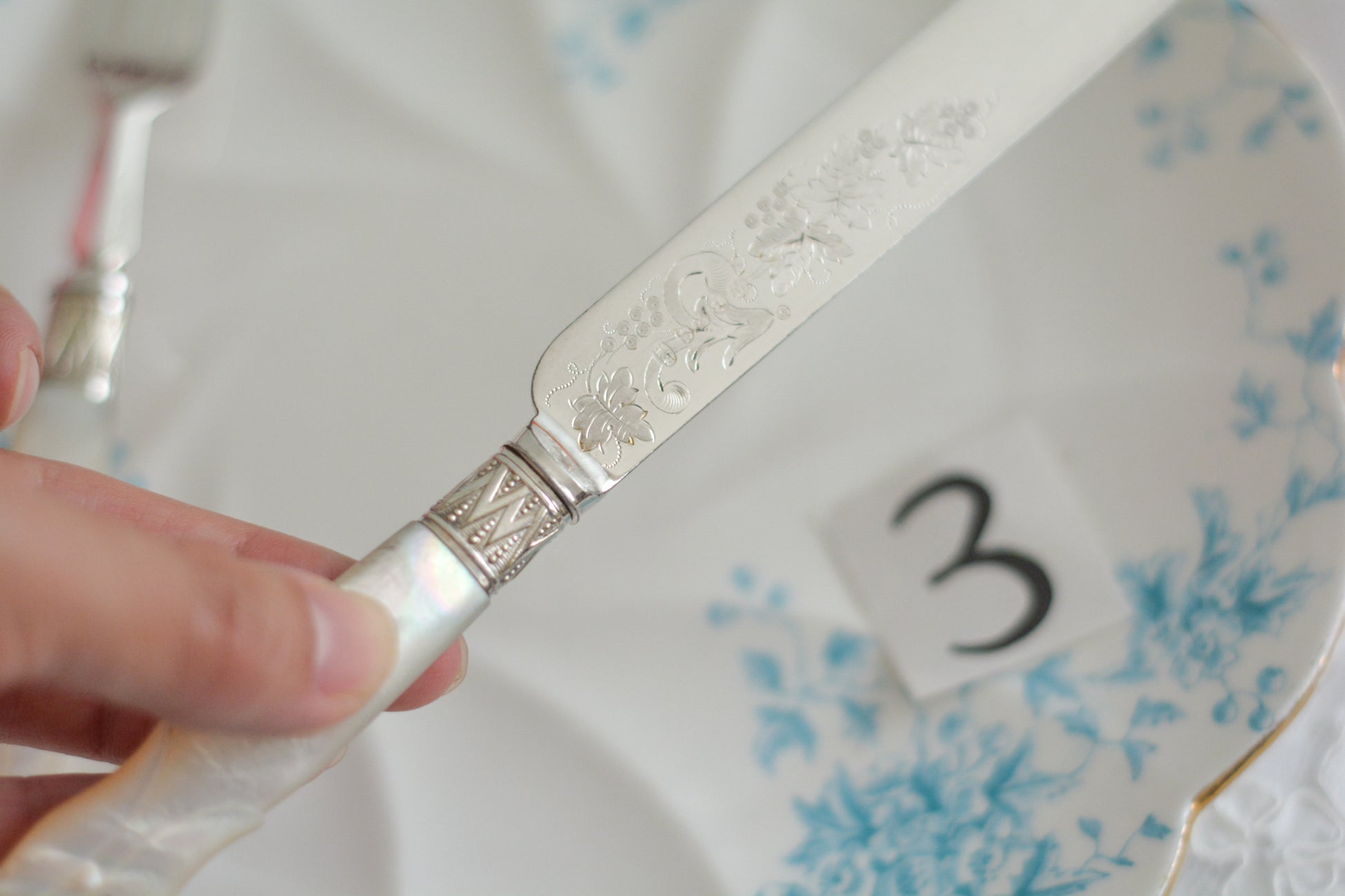 白蝶貝ハンドルと人気の丸刃のカトラリー。こちらは白蝶貝にも手彫りで模様が彫られています。シルバープレートのブレードに少しスレが見られます(状態を考慮した価格になっております)が、白蝶貝の優しい輝きと繊細な模様がとても美しいお品です。こちらは1組(フォークとナイフ2本セット)からご購入いただけます。①〜③からお選びください。