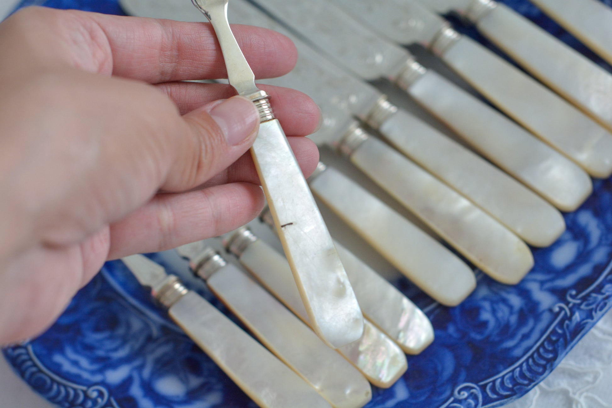 英国の人気メーカー、マッピン&ウェブの白蝶貝カトラリー。ティータイムにぴったりな丸刃のデザート(フルーツ)カトラリーです。豪華な彫刻が施されたカトラリーで、ハンドルも白蝶貝がたっぷり使われています。ハンドルは丸みがあるものが多いですが、こちらは角があるタイプでおしゃれです。白蝶貝の輝きもお楽しみいただけます。