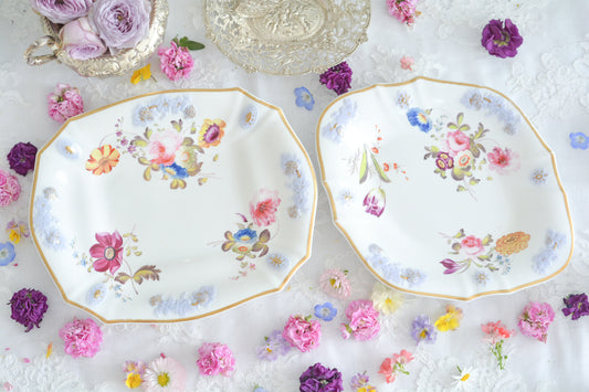 エンボス模様が施された、古い時代の美しいプレート2種。エンボス模様は淡いブルーに金彩の絵付けが美しく、ハンドペイントで繊細に丁寧に描かれた花々は大きく存在感があります。200年ほど前に作られた貴重で美しいプレートです。200年の時に思いを馳せながらティータイムをお楽しみください。菱形と長方形の2種類入荷しました。