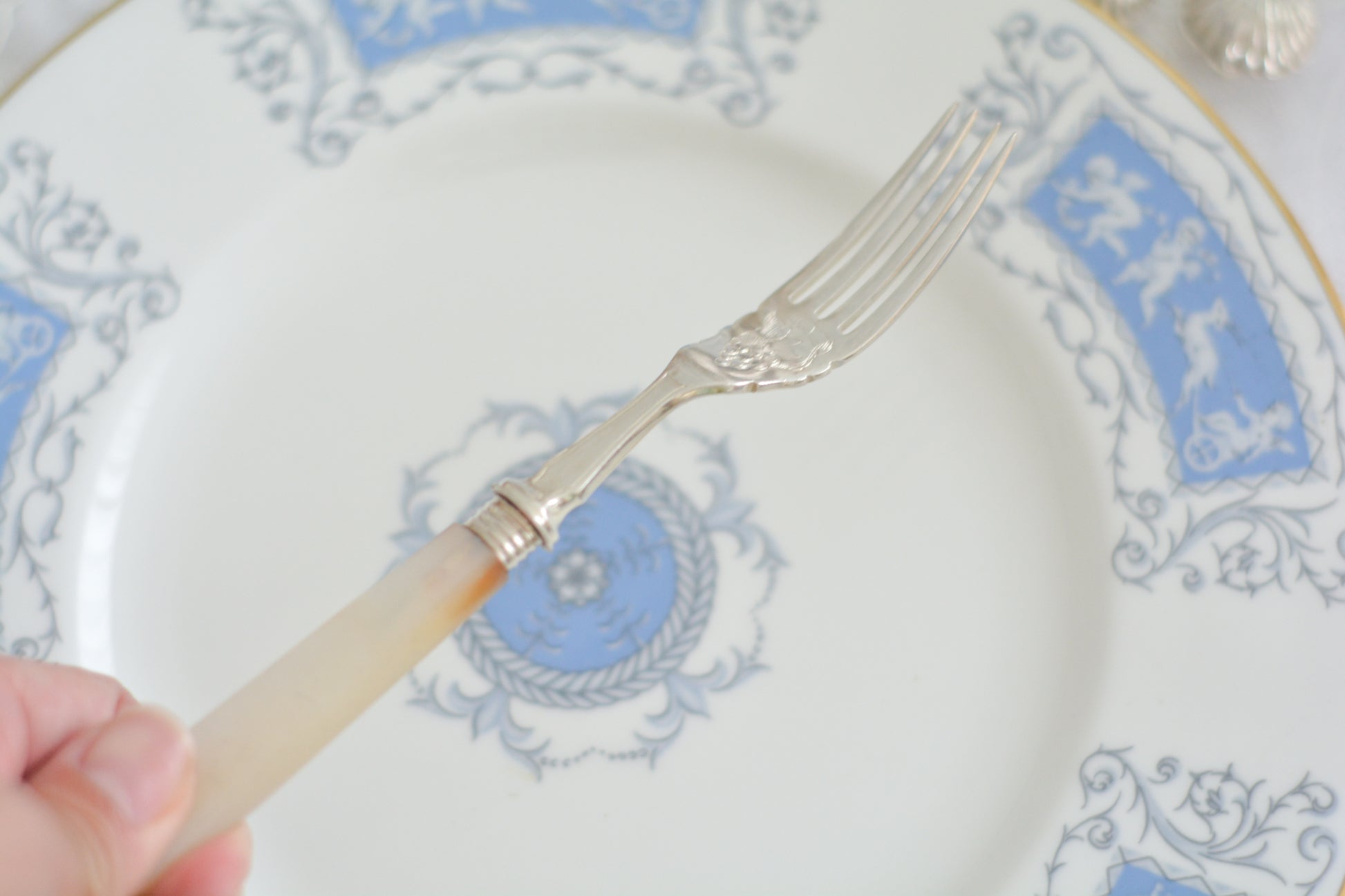 英国の人気メーカー、マッピン&ウェブの白蝶貝カトラリー。ティータイムにぴったりな丸刃のデザート(フルーツ)カトラリーです。豪華な彫刻が施されたカトラリーで、ハンドルも白蝶貝がたっぷり使われています。ハンドルは丸みがあるものが多いですが、こちらは角があるタイプでおしゃれです。白蝶貝の輝きもお楽しみいただけます。