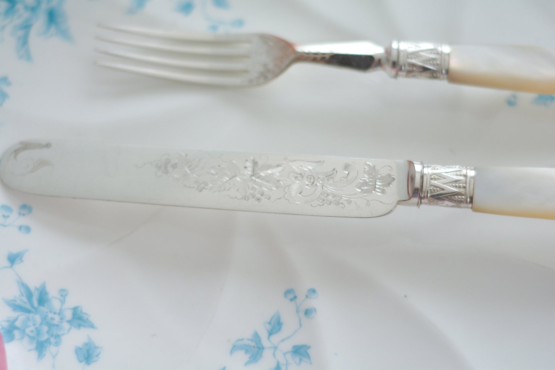 白蝶貝ハンドルと人気の丸刃のカトラリー。こちらは白蝶貝にも手彫りで模様が彫られています。シルバープレートのブレードに少しスレが見られます(状態を考慮した価格になっております)が、白蝶貝の優しい輝きと繊細な模様がとても美しいお品です。こちらは1組(フォークとナイフ2本セット)からご購入いただけます。①〜③からお選びください。