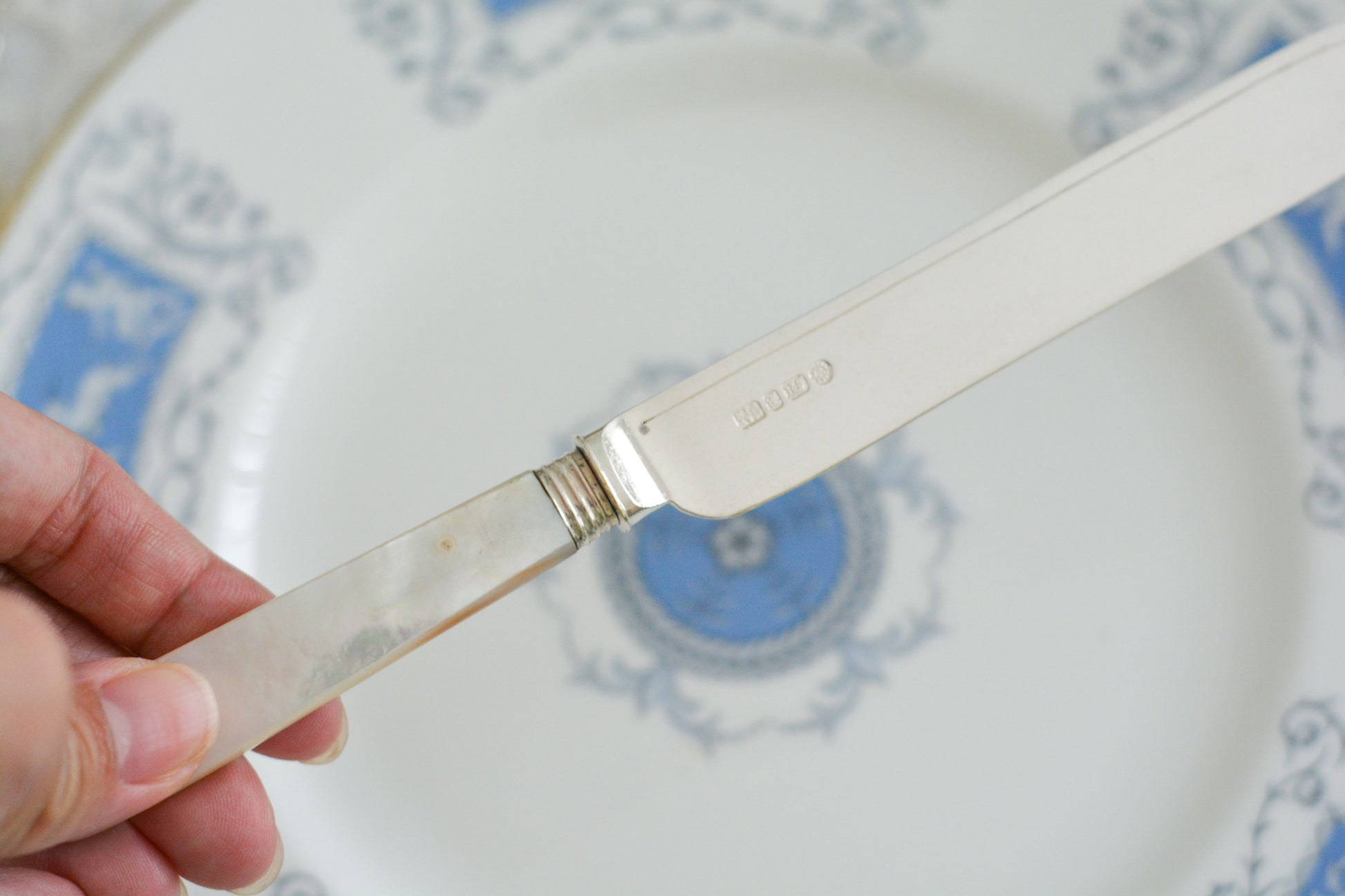 英国の人気メーカー、マッピン&ウェブの白蝶貝カトラリー。ティータイムにぴったりな丸刃のデザート(フルーツ)カトラリーです。豪華な彫刻が施されたカトラリーで、ハンドルも白蝶貝がたっぷり使われています。ハンドルは丸みがあるものが多いですが、こちらは角があるタイプでおしゃれです。白蝶貝の輝きもお楽しみいただけます。