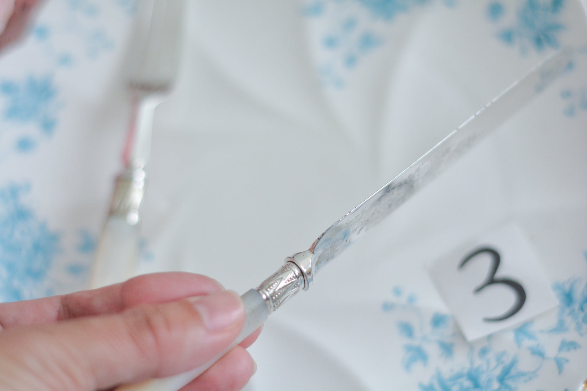 白蝶貝ハンドルと人気の丸刃のカトラリー。こちらは白蝶貝にも手彫りで模様が彫られています。シルバープレートのブレードに少しスレが見られます(状態を考慮した価格になっております)が、白蝶貝の優しい輝きと繊細な模様がとても美しいお品です。こちらは1組(フォークとナイフ2本セット)からご購入いただけます。①〜③からお選びください。