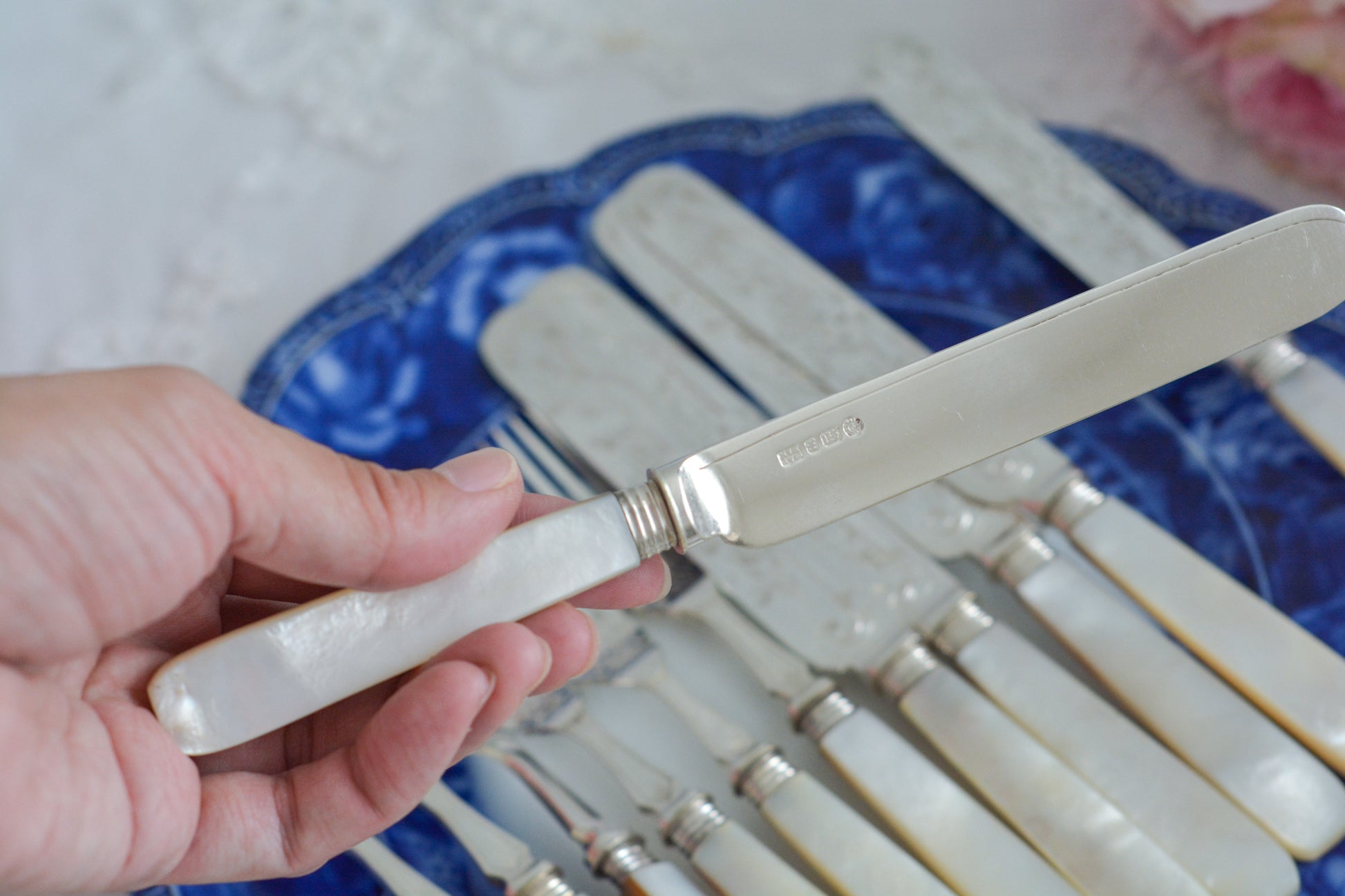 英国の人気メーカー、マッピン&ウェブの白蝶貝カトラリー。ティータイムにぴったりな丸刃のデザート(フルーツ)カトラリーです。豪華な彫刻が施されたカトラリーで、ハンドルも白蝶貝がたっぷり使われています。ハンドルは丸みがあるものが多いですが、こちらは角があるタイプでおしゃれです。白蝶貝の輝きもお楽しみいただけます。