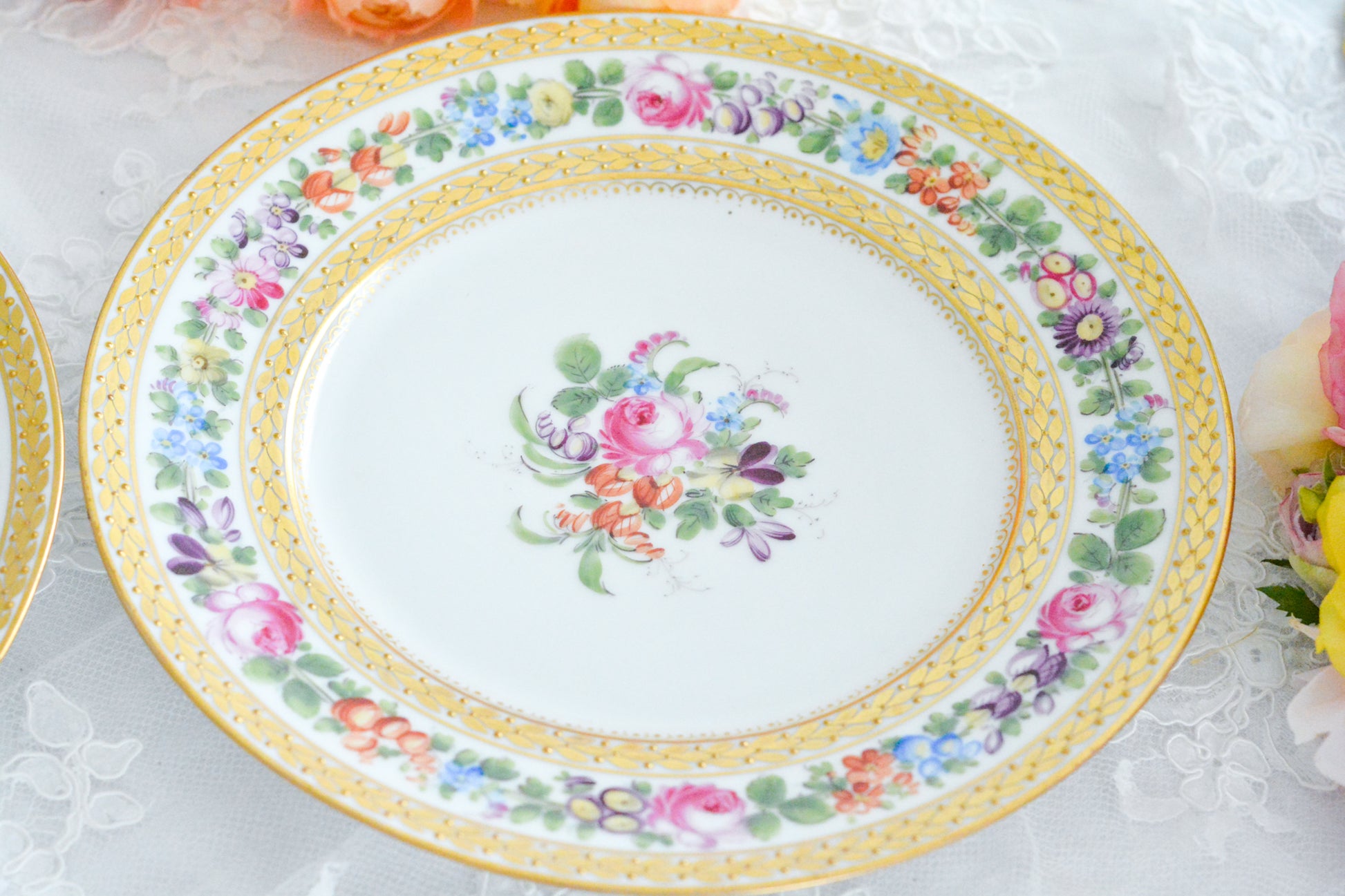 こちらのプレート達はドレスデンの工房で作られてはいますが、カール・ティーメ工房の作品ではありません。特に美しいので特集コーナーに入れさせていただきました。ハンドペイントで描かれた美しい花々に金彩の葉っぱの模様のような縁取りが豪華なお品。金盛りのドットがより花を添えています。キャビネットプレートとしても実際にお使いいただいても素敵なお品です。バックスタンプは1883年〜1893年頃に使われていた王冠マークで、いくつかの工房が集まって使用していました。バックスタンの上には金彩でお花が描かれています。