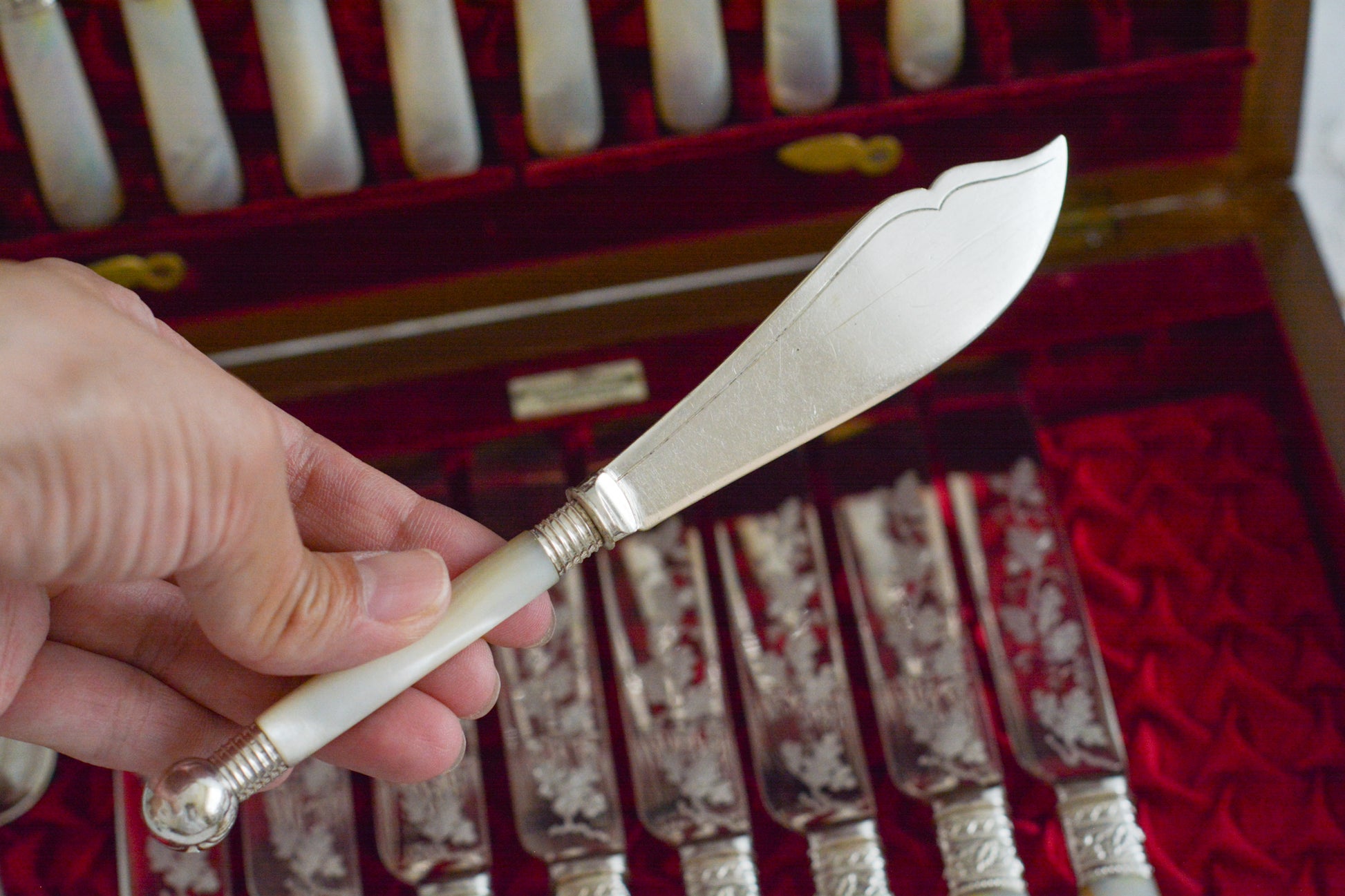 オークの木箱に入った白蝶貝ハンドルのカトラリーセット。元はフォーク&ナイフ12組のセットだったと思いますが今は8組のセットになっていて、同じシリーズではありませんが、サービングスプーンとサービングナイフがセットに加えられています。繊細な彫刻と白蝶貝の優しい輝きがとても美しいセットです。白蝶貝もたっぷりと使われていて贅沢なお品です。