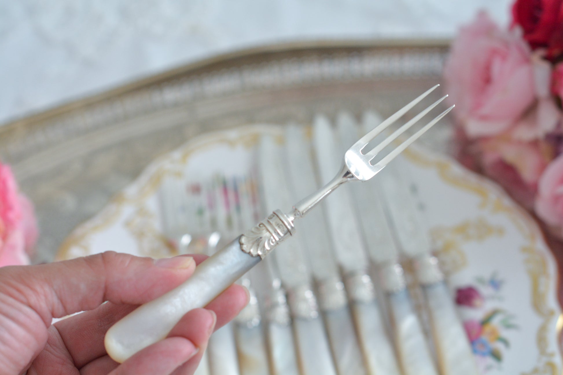 美しい純銀と白蝶貝ハンドルのデザートカトラリー。上品なデザインで純銀のブレードはキラキラと輝き、白蝶貝ハンドルは優しく輝きます。純銀&白蝶貝ハンドルのカトラリーは、やはり特別感がありますね。ティータイムを特別な時間にしてくれるカトラリーです。大きすぎないサイズ感も女性に嬉しいですね。素敵な時間をどうぞお楽しみください。