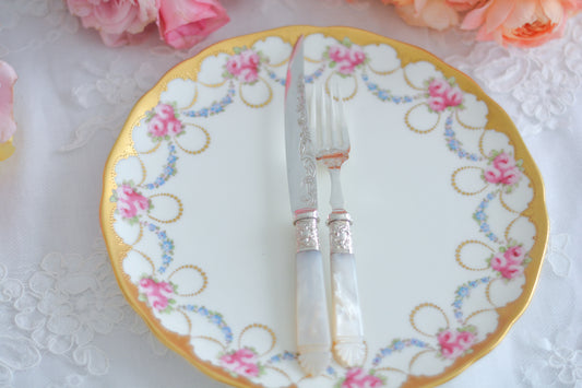 白蝶貝の輝きがとっても美しく、白蝶貝ハンドルにも可愛らしい模様が彫られたカトラリー。比較的ナイフの先が尖ったデザインフルーツ用かなと思いますが、もちろんデザートにもお使いいただけます。艶もあり、アンティークとは思えないほど白蝶貝の状態が良いです。白蝶貝の輝きをどうぞお楽しみくださいませ。こちらは1組(フォークとナイフ2本セット)からご購入いただけます。①〜③からお選びください。