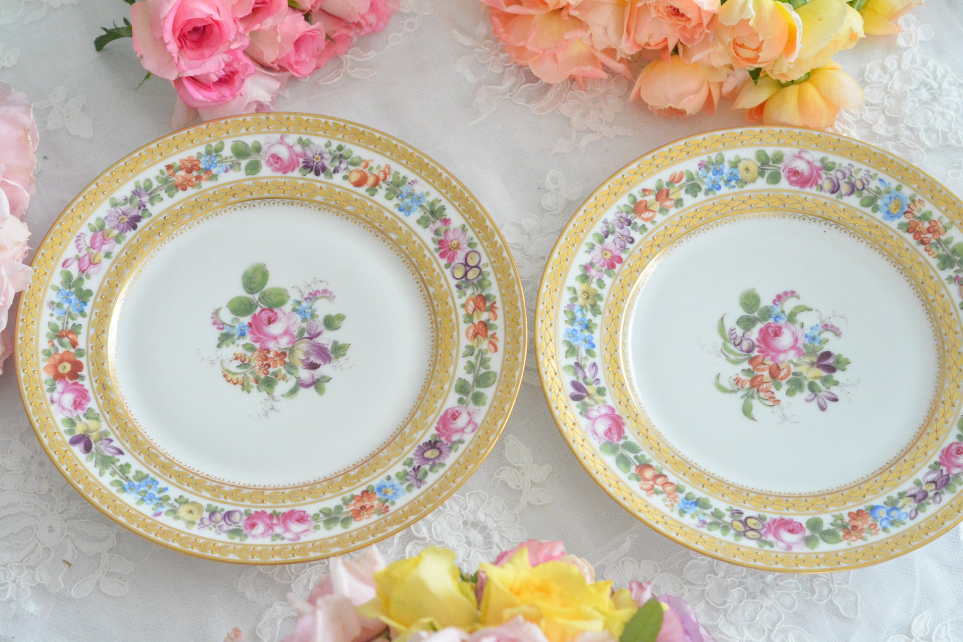 こちらのプレート達はドレスデンの工房で作られてはいますが、カール・ティーメ工房の作品ではありません。特に美しいので特集コーナーに入れさせていただきました。ハンドペイントで描かれた美しい花々に金彩の葉っぱの模様のような縁取りが豪華なお品。金盛りのドットがより花を添えています。キャビネットプレートとしても実際にお使いいただいても素敵なお品です。バックスタンプは1883年〜1893年頃に使われていた王冠マークで、いくつかの工房が集まって使用していました。バックスタンの上には金彩でお花が描かれています。