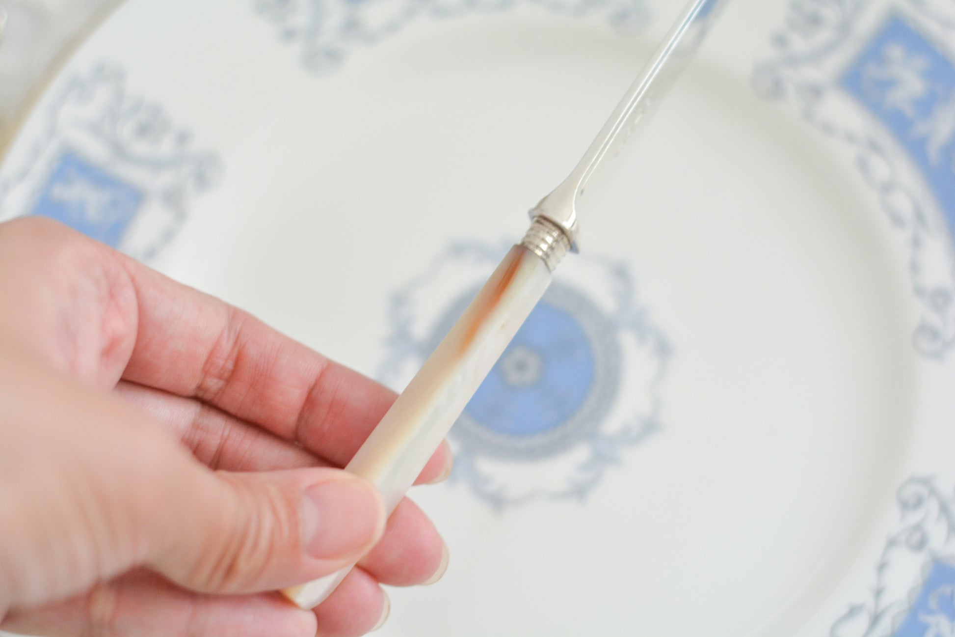 英国の人気メーカー、マッピン&ウェブの白蝶貝カトラリー。ティータイムにぴったりな丸刃のデザート(フルーツ)カトラリーです。豪華な彫刻が施されたカトラリーで、ハンドルも白蝶貝がたっぷり使われています。ハンドルは丸みがあるものが多いですが、こちらは角があるタイプでおしゃれです。白蝶貝の輝きもお楽しみいただけます。