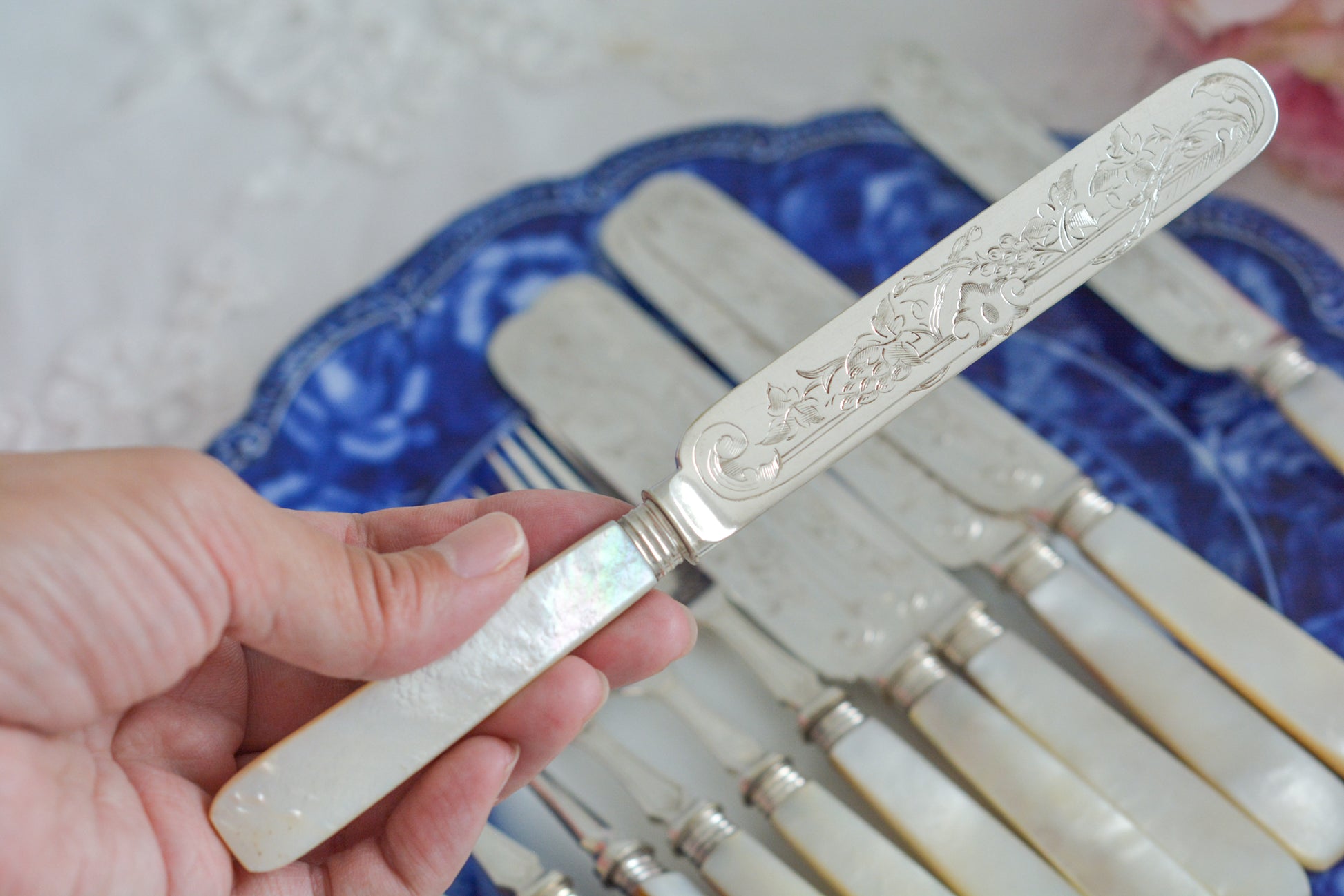 英国の人気メーカー、マッピン&ウェブの白蝶貝カトラリー。ティータイムにぴったりな丸刃のデザート(フルーツ)カトラリーです。豪華な彫刻が施されたカトラリーで、ハンドルも白蝶貝がたっぷり使われています。ハンドルは丸みがあるものが多いですが、こちらは角があるタイプでおしゃれです。白蝶貝の輝きもお楽しみいただけます。