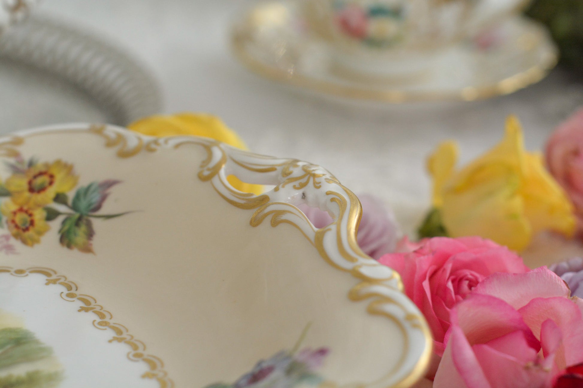 ダベンポートの素晴らしいタッツァがやってきました。お花と中央には鳥が丁寧に描かれています。描かれている鳥はイギリスでターリングと呼ばれているムクドリで、食べ物を捕まえている様子がイキイキと描かれています。イギリスのお庭にお邪魔したようなそんな気分になるタッツァです。フルーツや英国菓子をのせたくなりますね。