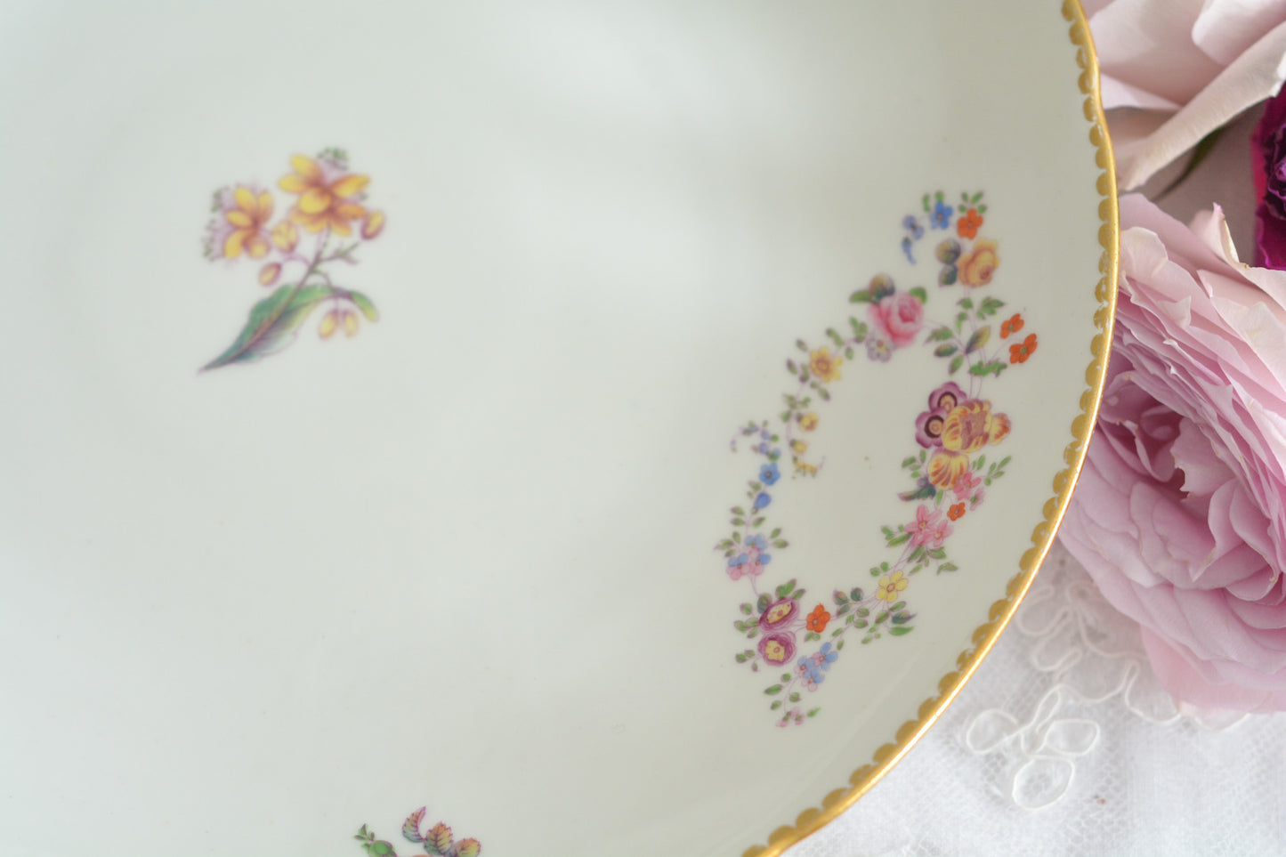 ロンドンに1825年〜1917年に営業していた「ダニエル」という小売店がオーダーしたデザートプレートです。バックスタンプはダニエルのマークのみで製造元のマークはありません。その為どのメーカーにオーダーしたのは詳細はわかりませんが、可憐な小花たちがとても美しいプレートです。ダニエルは、コールポートなどに特注品をオーダーしていたと専門書に記述があります。きっと力のあった小売店だったのだろうと思います。