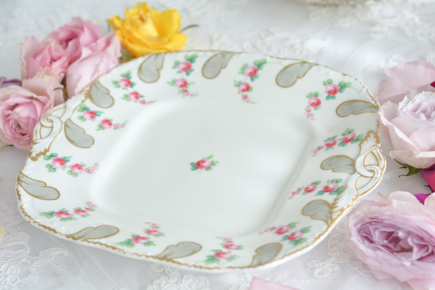 ミントンの とても可愛らしいB&Bプレートです。ハンドペイントで描かれたバラのお花がとても繊細なタッチでミントンらしい優しさがあります。B&Bプレートはブレッド&バタープレートのことで、パンやスコーン、サンドイッチはもちろん、お菓子を盛り付けても素敵です。