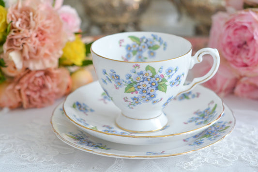 タスカンの勿忘草が大変可愛らしいティートリオです。勿忘草がモチーフのヴィンテージ食器は色々なメーカーで作られています。このタスカンのトリオの勿忘草はとても優しい雰囲気。勿忘草の花言葉は「私を忘れないで」、「誠の愛」、「真実の友情」。春を知らせる花とも言われていて、今の季節にぴったりなティートリオです。