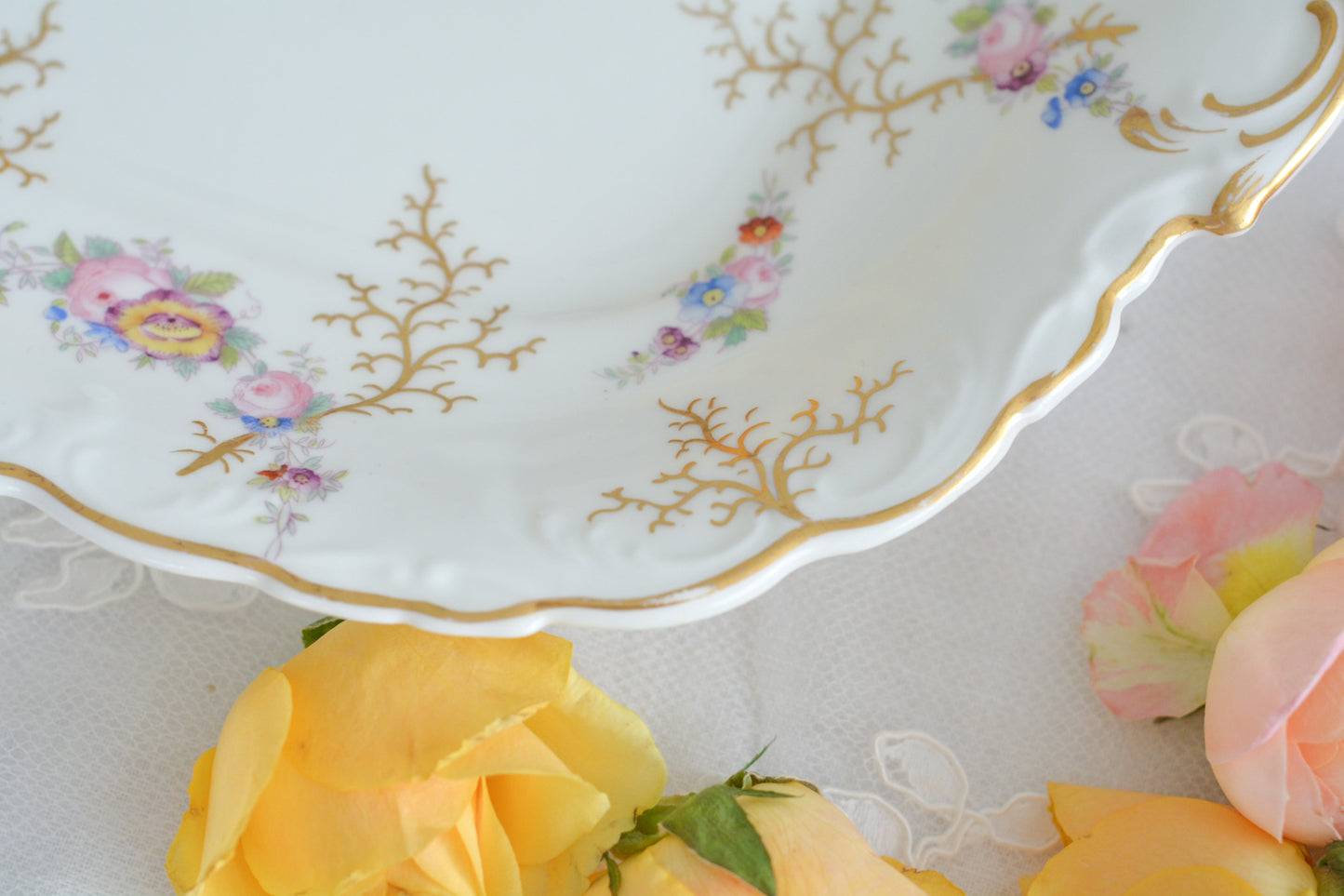コールポートの花々と宿木?の描かれたプレートです。私は宿木シリーズと呼んでおります。こちらは見が描かれていないので、他の木や珊瑚のようにも見えます。金彩部分もハンドペイントで描かれていて、コールポートらしい上品なお品となっております。華やかでクリスマスにもぴったりな雰囲気です。