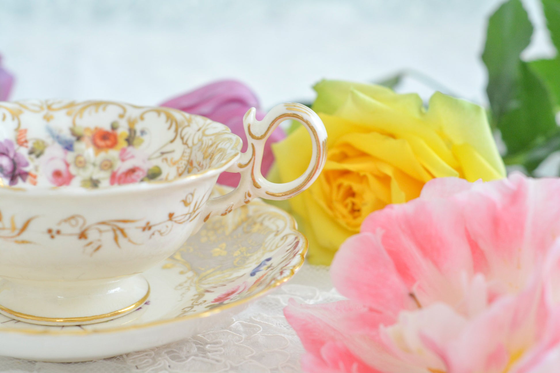 コールポートのロココリバイバル作品の人気のシェイプ、アデレードシェイプ。とても優雅なシェイプで、ハンドペイントで描かれる花々もとても美しいです。いろいろなデザインが作られていて、シェイプは同じでも絵柄は少しずつ違います。こちらはお花がたくさん描かれていて、より一層華やかなお品。アデレードシェイプは人気が高く探すのにとても苦労しますが、見つけた時の喜びはとても大きいものです。