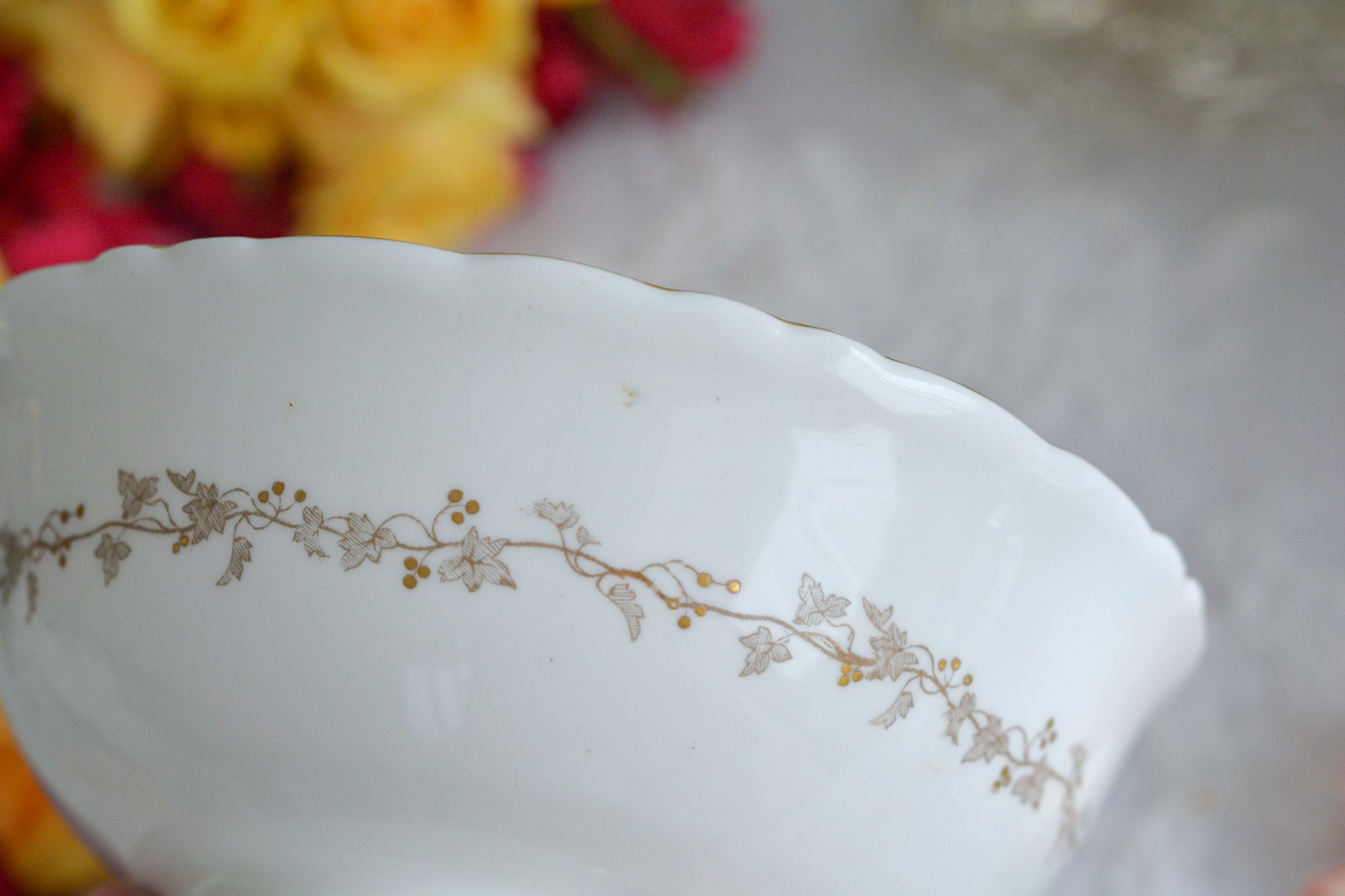 コールポートの花々と宿木?の描かれたプレートです。私は宿木シリーズと呼んでおります。ハンドペイントで生き生きと描かれたお花と、繊細で丁寧に描かれた金彩の宿木がコールポートらしく上品です。華やかでクリスマスにもぴったりな雰囲気ですね。スロップボウルは、元々はティータイムの際に湯こぼしの器として使われてきました。サラダなどを盛り付けても素敵です。