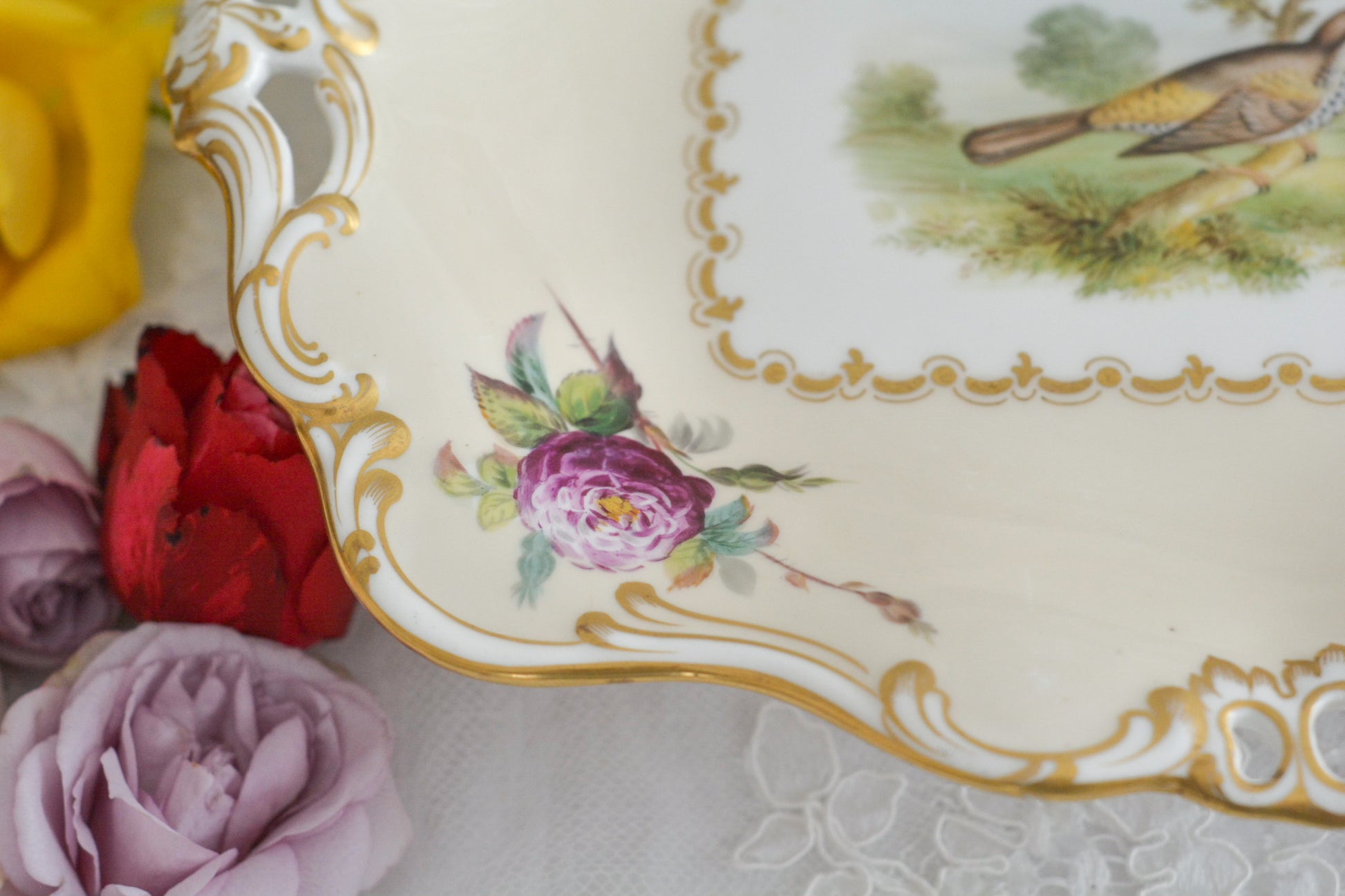 ダベンポートの素晴らしいタッツァがやってきました。お花と中央には鳥が丁寧に描かれています。描かれている鳥はイギリスでターリングと呼ばれているムクドリで、食べ物を捕まえている様子がイキイキと描かれています。イギリスのお庭にお邪魔したようなそんな気分になるタッツァです。フルーツや英国菓子をのせたくなりますね。