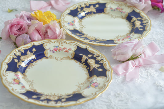 コープランドの美しいプレートがやってきました!コバルトブルーとベージュカラーにハンドペイントで美しい花々が描かれています。プレートの深さがあるタイプでサービングプレートとしてもお使いいただきやすいかと思います。状態も良いので、アンティークがお好きな方にもアンティークは初めてという方にもおすすめのプレートです。