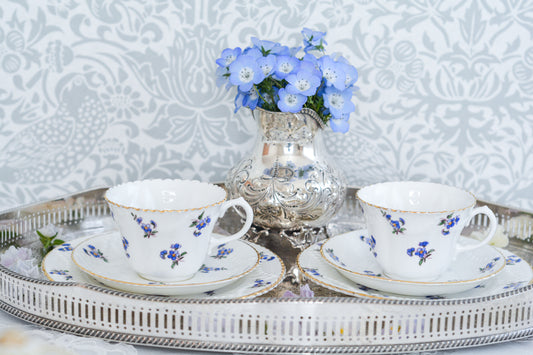 チャールズフォードというメーカーの、勿忘草の柄がとても可愛らしいティートリオです。チャールズフォード(Charles Ford)は英国スタッフォードシャーのハンレイという街に1874年から1904年まで製造していたメーカーです。スタッフォードシャーにはこのような小さなメーカーがたくさんありました。小さなメーカーが生き残るのは今の時代よりも大変なことだったと感じます。勿忘草の可憐な雰囲気そのものの様なトリオです。