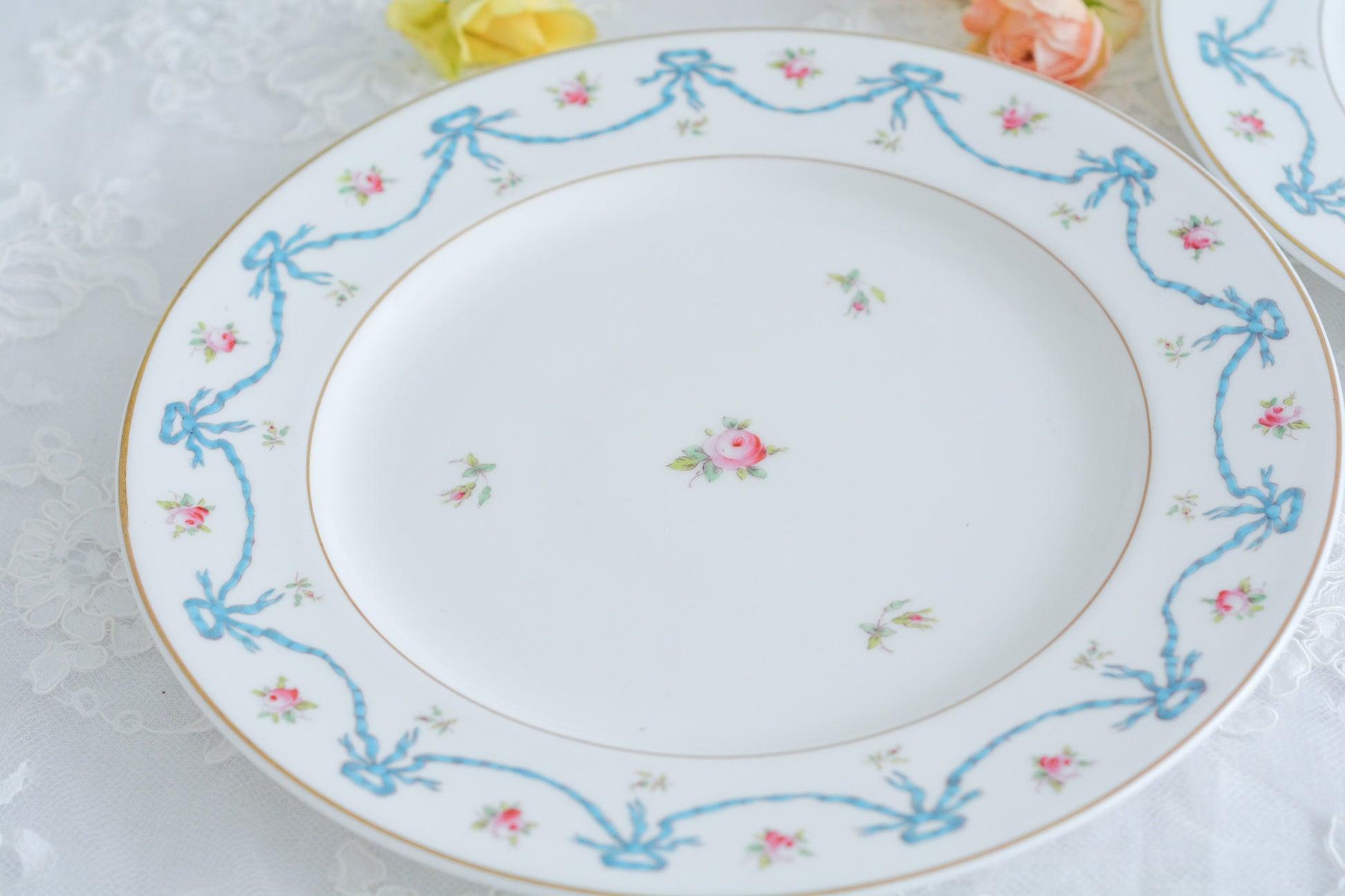 コールポートの可愛らしいディナープレート。水色のリボンと薔薇のガーランドのようなデザインがとても愛らしいです。サービングプレートとしても、ディナープレートとしてもお使いいただけます。ワンプレートランチにお使いいただいても素敵ですね。