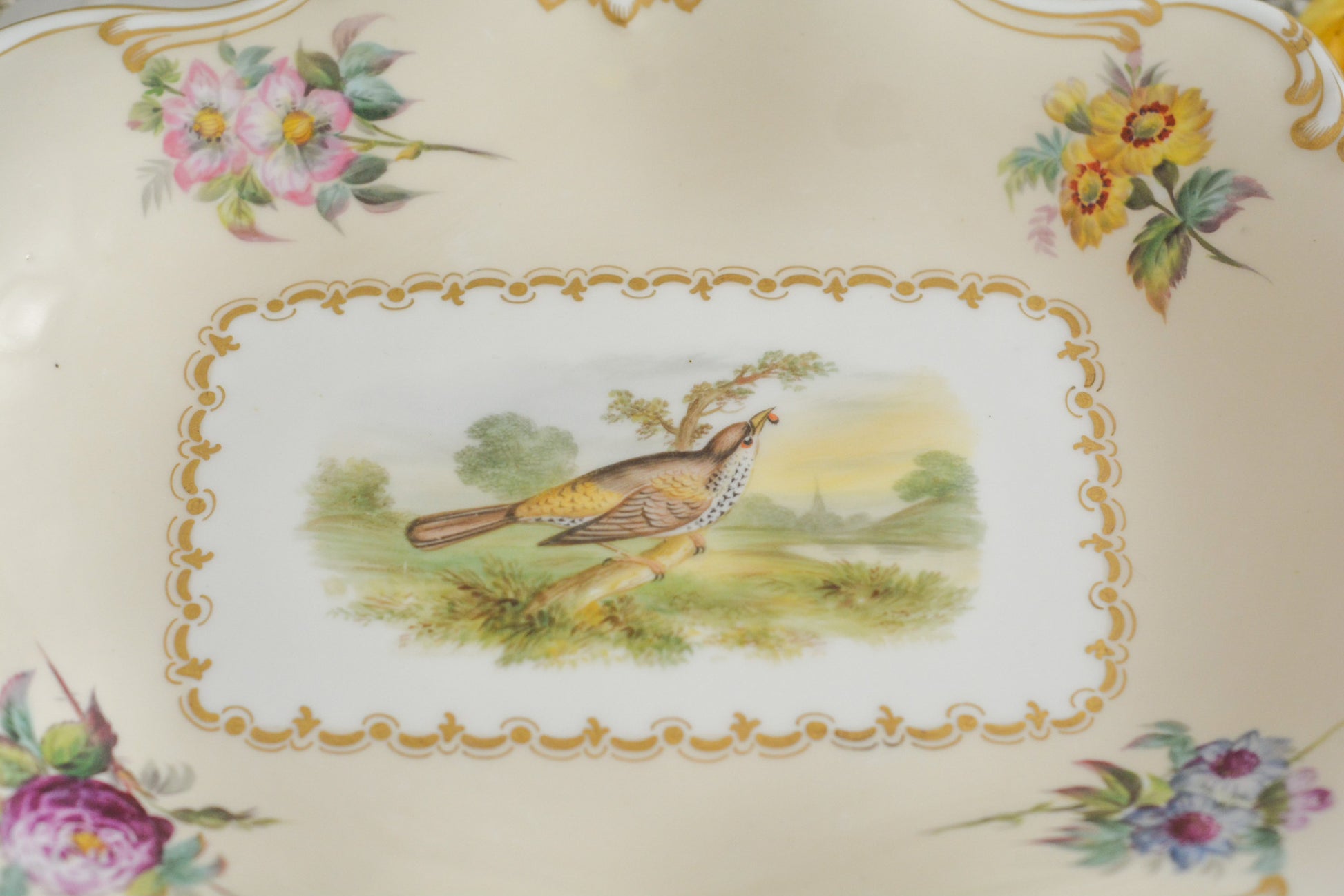 ダベンポートの素晴らしいタッツァがやってきました。お花と中央には鳥が丁寧に描かれています。描かれている鳥はイギリスでターリングと呼ばれているムクドリで、食べ物を捕まえている様子がイキイキと描かれています。イギリスのお庭にお邪魔したようなそんな気分になるタッツァです。フルーツや英国菓子をのせたくなりますね。