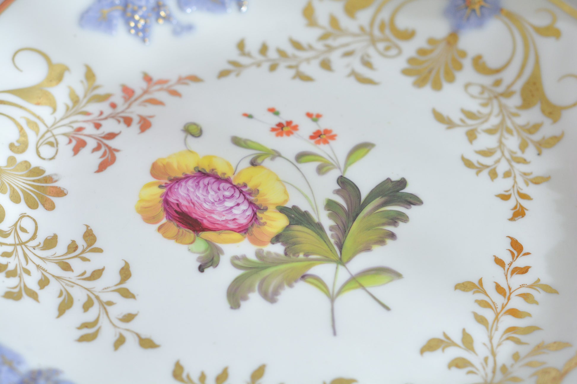 H&Rダニエルは1822年から1846年までという短い期間しか製造していないのですが、とても素晴らしい磁器を作っていたメーカです。 数がとても少なく、なかなか見つけることが難しいのですが「出会えたらいいな」と日々探していてこのプレートに巡り会えました!中央に描かれたお花は繊細なタッチで描かれています。縁の立体的な葡萄とお花の装飾はパープルブルーと金彩で彩られています。 この美しいプレートでティータイムをお楽しみいただけたら嬉しいです。