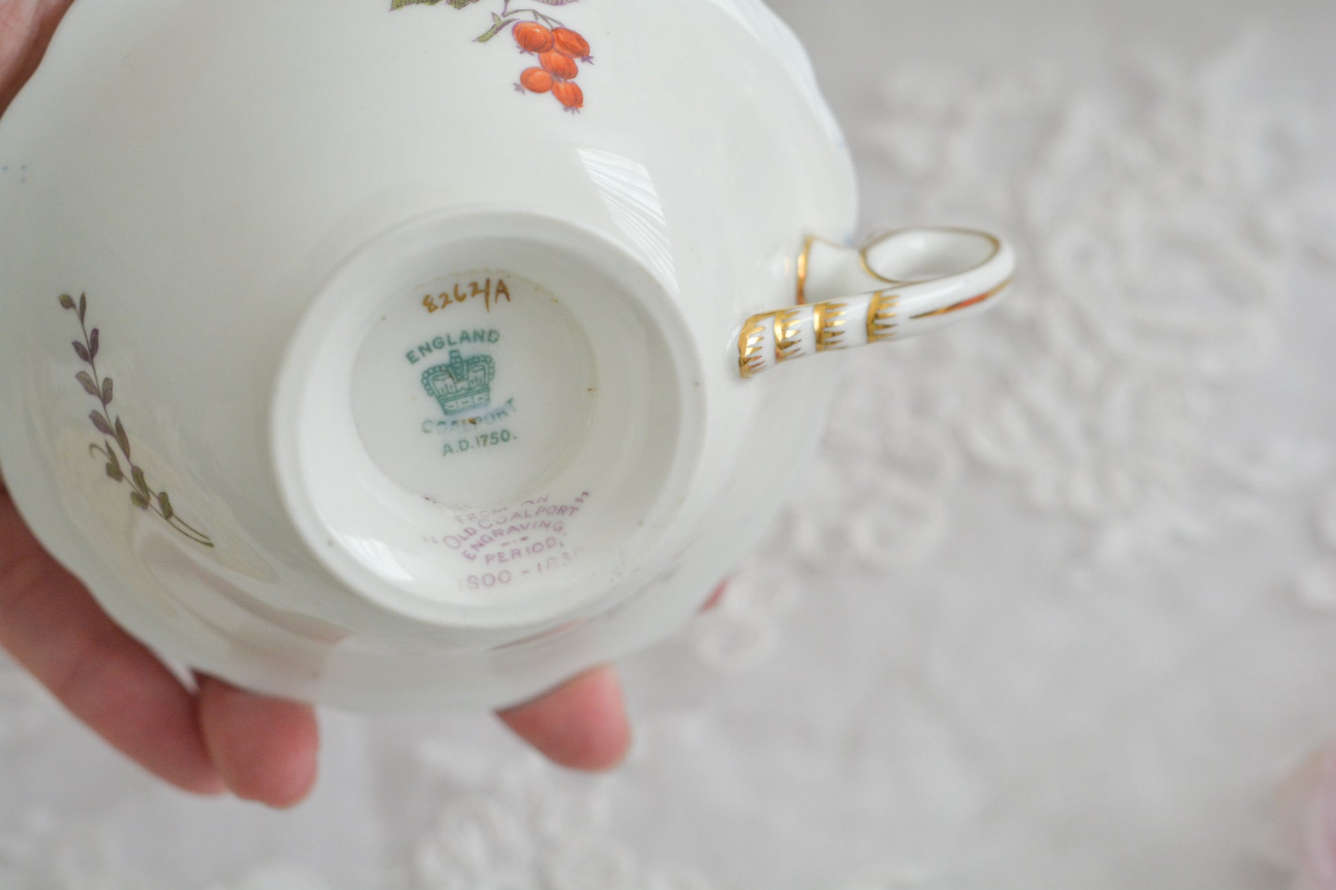 コールポートの1800年代の作品のリバイバルシリーズのオールドコールポートシリーズ。色々なお品がリバイバルされています。こちらはアデレードシェイプのリバイバル。ハンドルはアデレードシェイプハンドルではなくリングハンドルで、素磁も厚めに作られています。ロココリバイバルスタイルの優雅なデザインが美しいです。葡萄やフルーツ、お花の模様が大変豪華で美しいお品です。