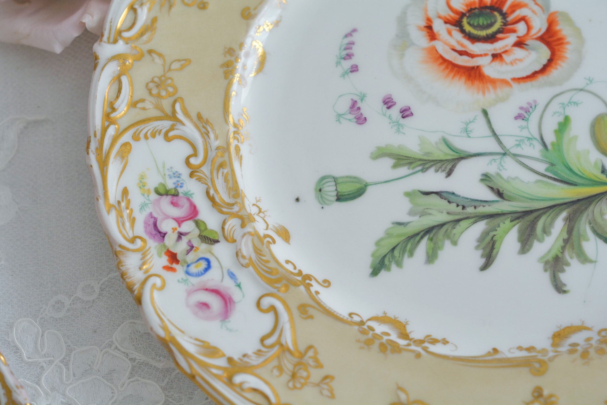 1830年代ごろに作られたキャビネットプレート。中央には大きなアネモネがハンドペイントで写実的に描かれています。装飾もロココリバイバルスタイルの豪華な模様が描かれていて、とても華やかなお品です。キャビネットプレートとして飾っていただいても、サービングプレートやランチョンプレートとしてお使いいただいても素敵だと思います。