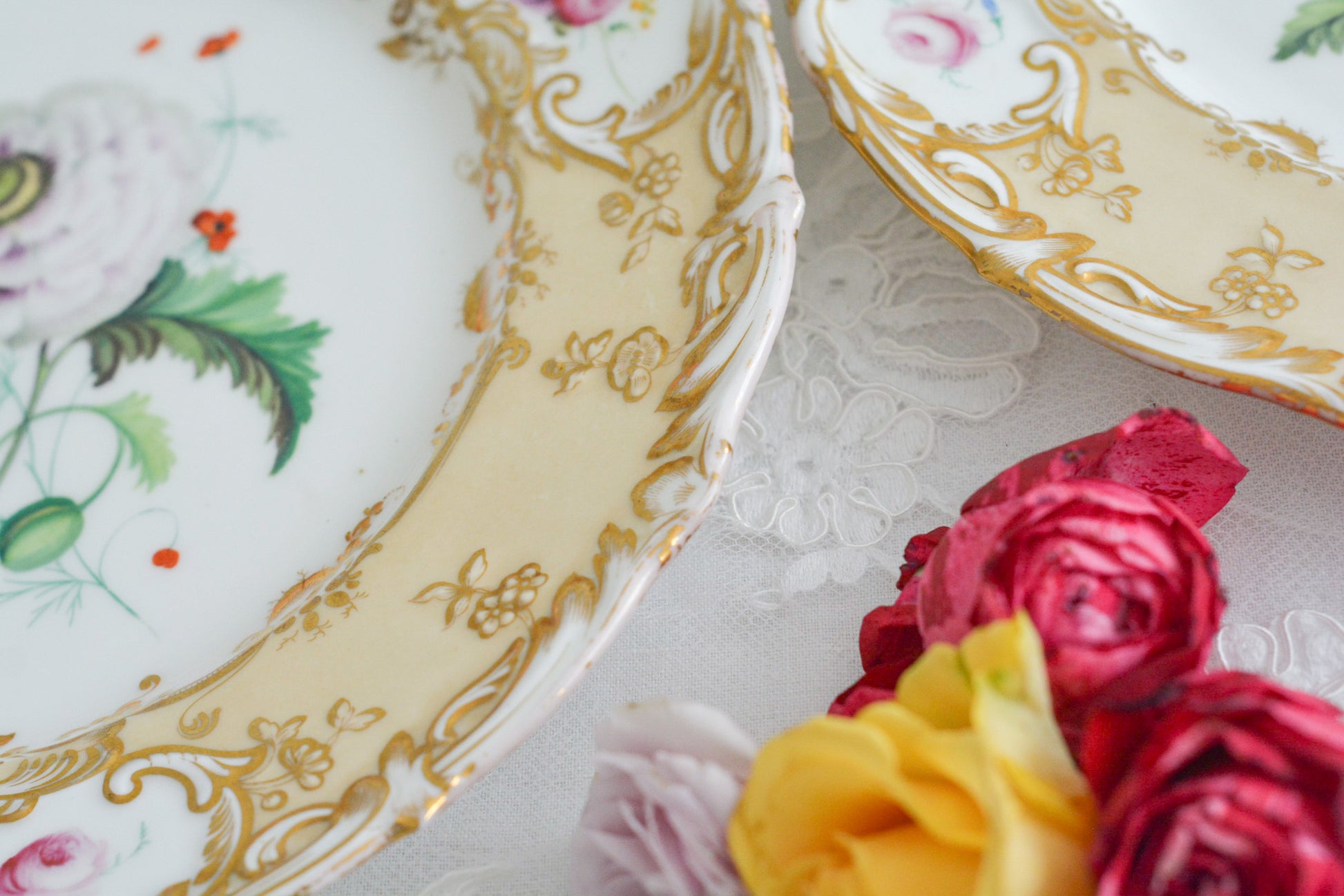 1830年代ごろに作られたキャビネットプレート。中央には大きなアネモネがハンドペイントで写実的に描かれています。装飾もロココリバイバルスタイルの豪華な模様が描かれていて、とても華やかなお品です。キャビネットプレートとして飾っていただいても、サービングプレートやランチョンプレートとしてお使いいただいても素敵だと思います。