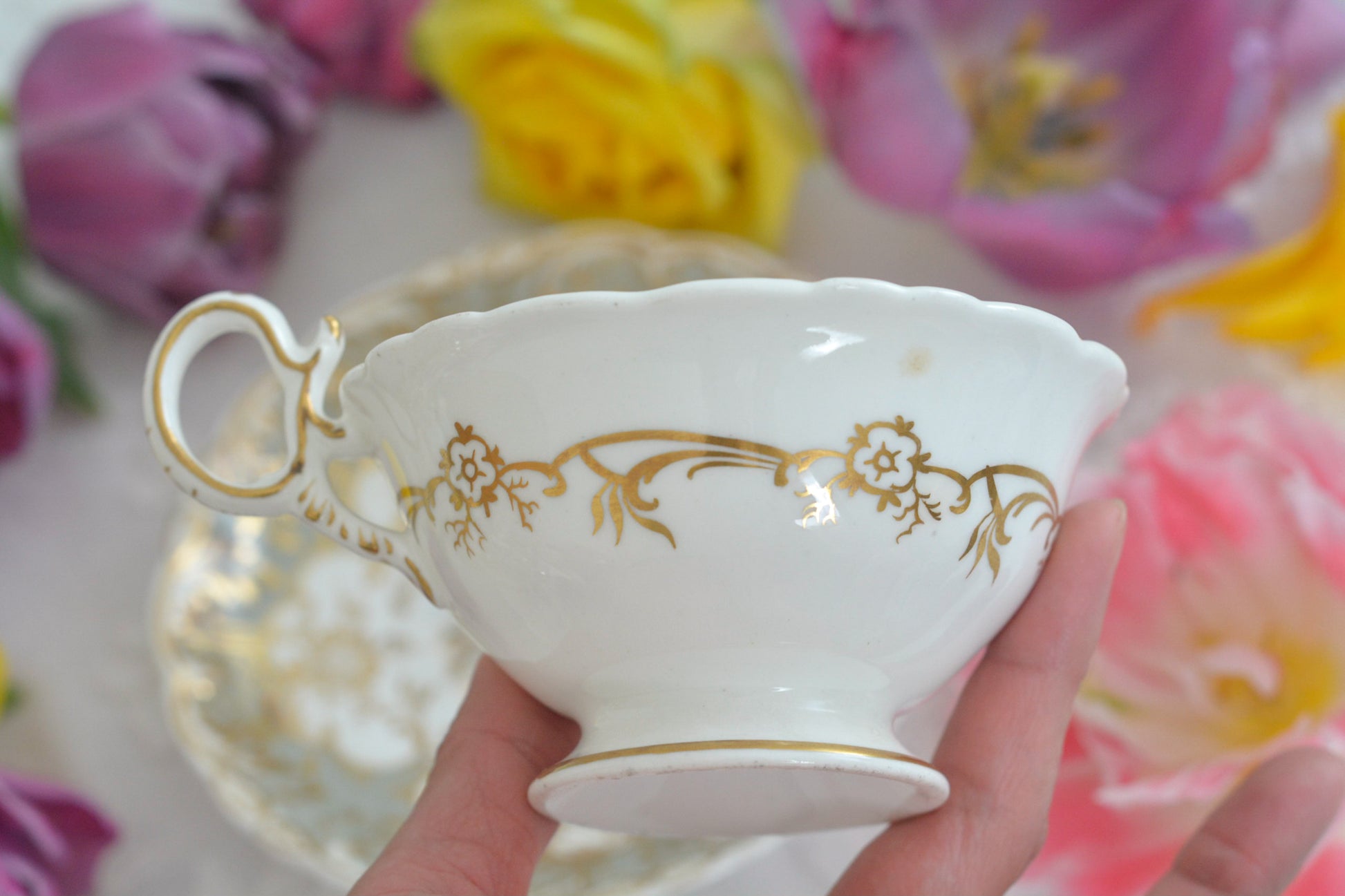 コールポートの中でも一番人気があるアデレードシェイプ。こちらはイギリスの美しい風景が描かれたお品です。のどかな風景がカップ、ソーサーそれぞれに描かれていてなんだかとても温かな気持ちになります。風景画を見ながら紅茶を楽しめる素敵なカップです。