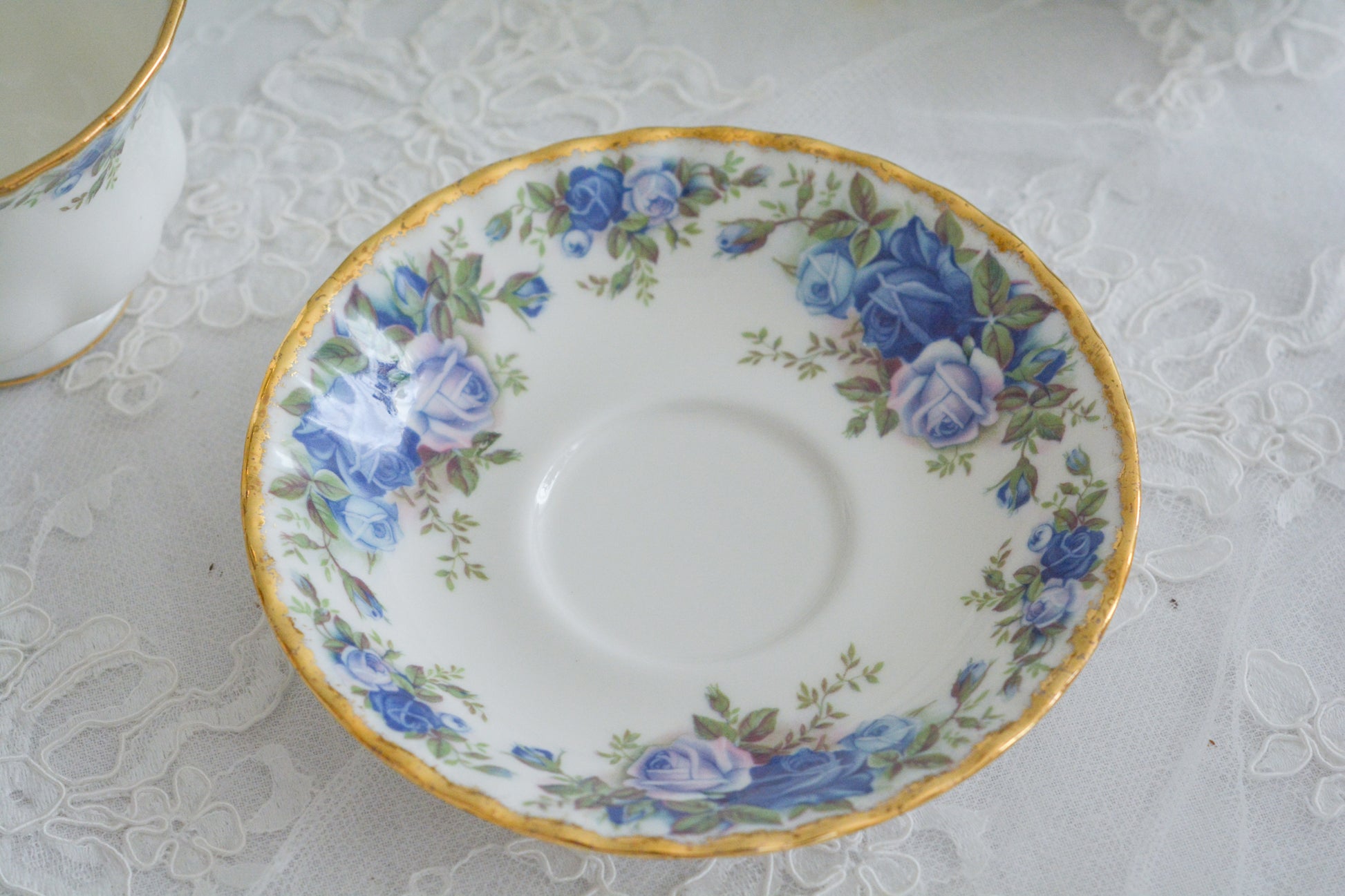 ブルーのバラが美しい、ロイヤルアルバートのムーンライトシリーズのデュオです。オールドカントリーローズのブルーバージョンで製造数が少なく、世界的に人気のあるシリーズです。爽やかな色合いがとても美しくティータイムを彩ります。