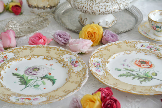 1830年代ごろに作られたキャビネットプレート。中央には大きなアネモネがハンドペイントで写実的に描かれています。装飾もロココリバイバルスタイルの豪華な模様が描かれていて、とても華やかなお品です。キャビネットプレートとして飾っていただいても、サービングプレートやランチョンプレートとしてお使いいただいても素敵だと思います。